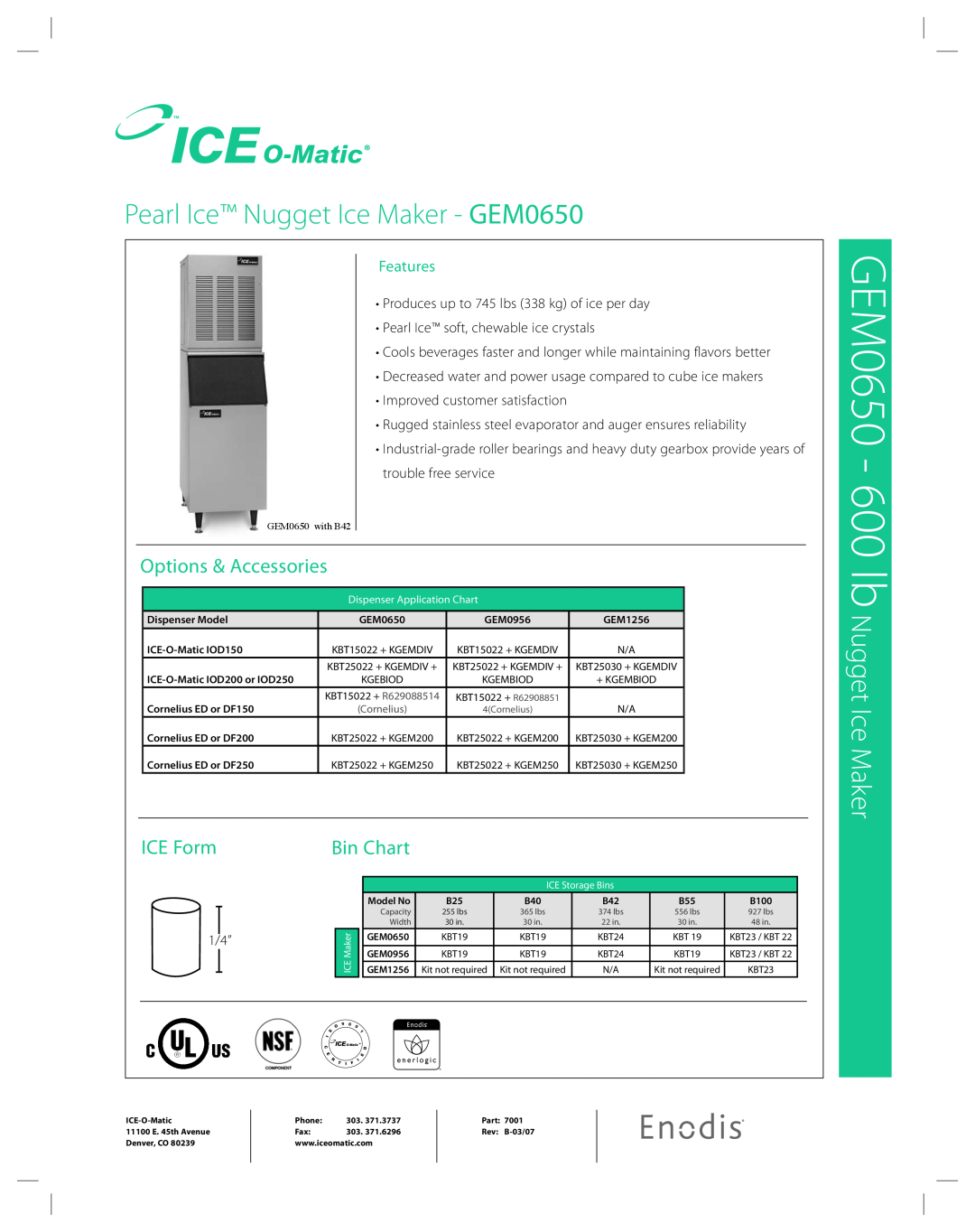 Ice-O-Matic GEM 0650 manual GEM0650 - 600 lb Nugget Ice Maker, Features, Pearl Ice Nugget Ice Maker - GEM0650, ICE Form 
