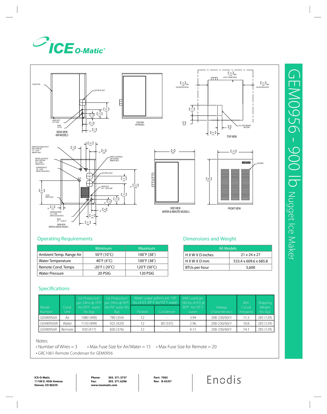 Ice-O-Matic GEM 0956 manual 900 lb, Operating Requirements, Dimensions and Weight, Specifications 