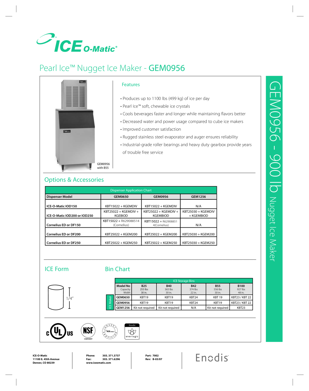 Ice-O-Matic GEM 0956 manual GEM0956 - 900 lb Nugget Ice Maker, Features, Pearl Ice Nugget Ice Maker - GEM0956, ICE Form 
