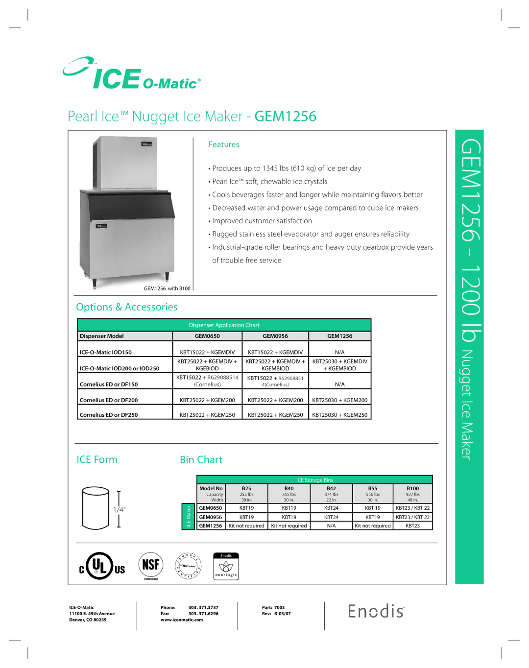 Ice-O-Matic GEM 1256 manual Options & Accessories, ICE Form Bin Chart, Features 