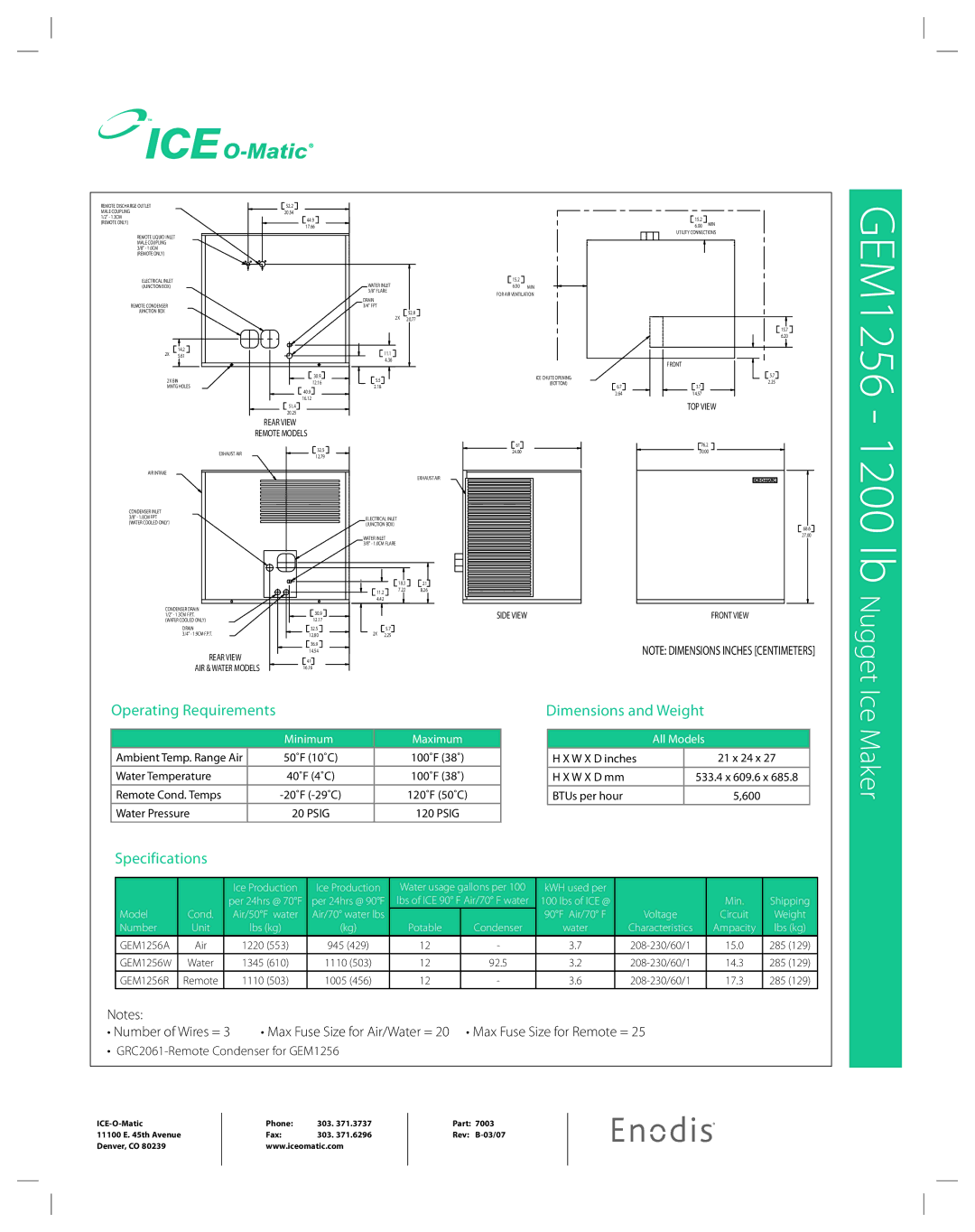 Ice-O-Matic GEM 1256 manual Operating Requirements, Dimensions and Weight, Specifications 