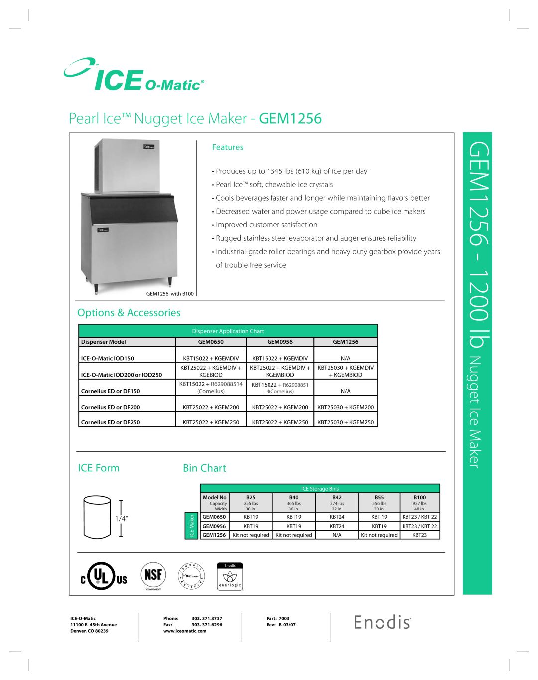 Ice-O-Matic GEM 1256 manual Features, GEM1256 - 1200 lb Nugget Ice Maker, Pearl Ice Nugget Ice Maker - GEM1256, ICE Form 