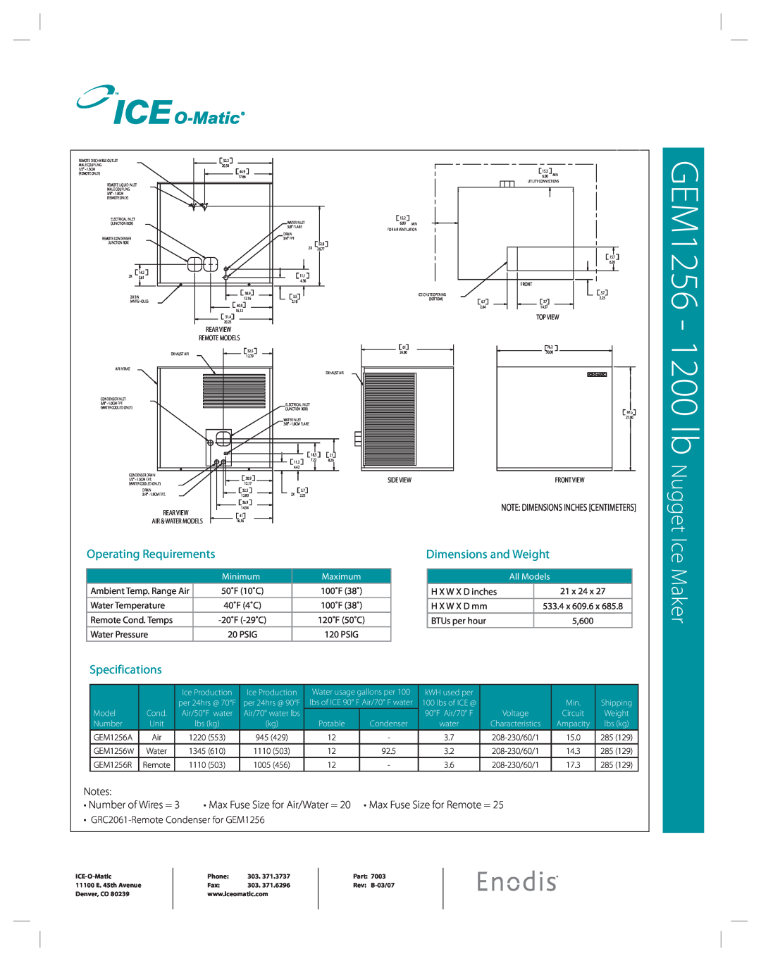 Ice-O-Matic GEM 1256 Operating Requirements, Dimensions and Weight, Specifications, GEM1256 - 1200 lb Nugget, Ice Maker 