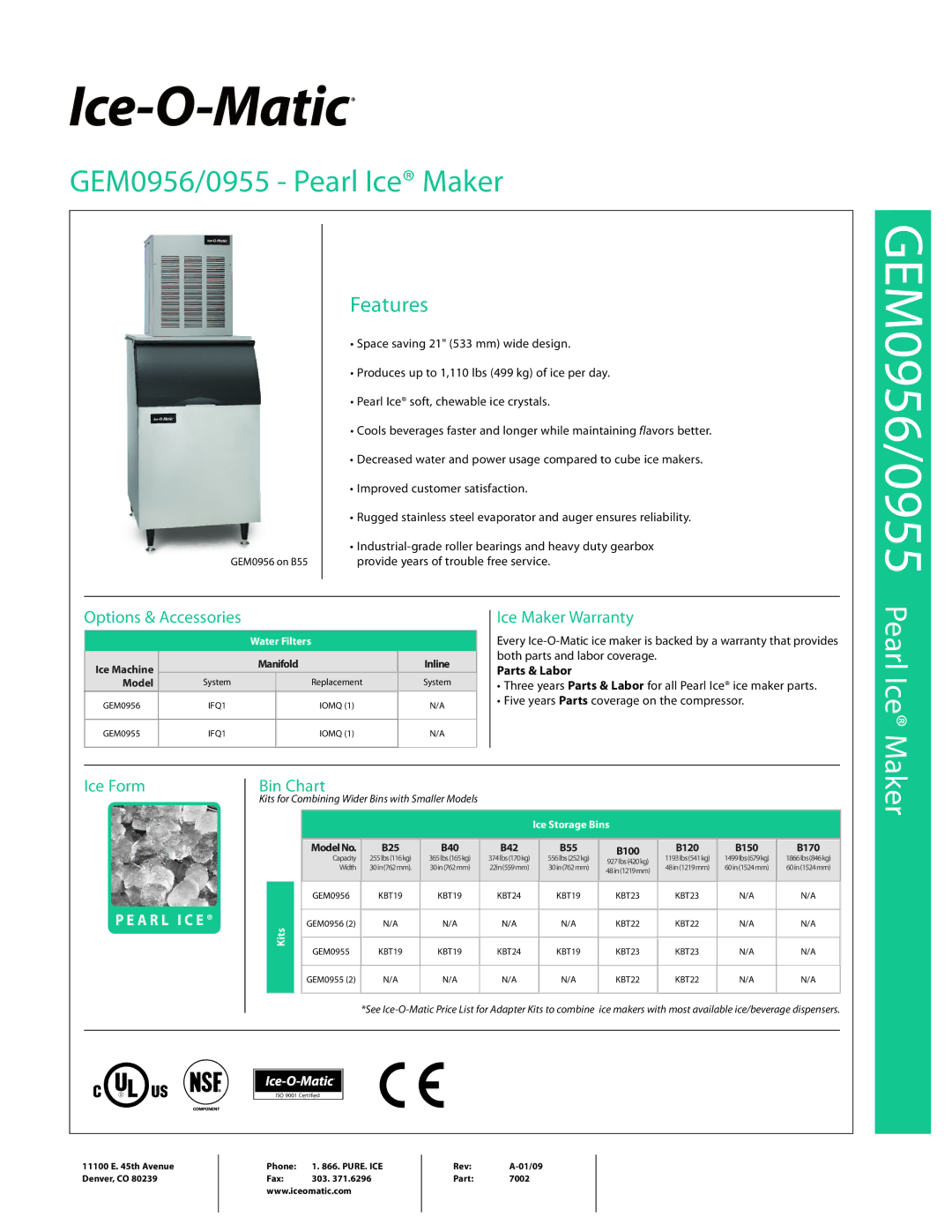 Ice-O-Matic GEM0956/0955 warranty Ice Maker Warranty, Ice Form, Bin Chart 