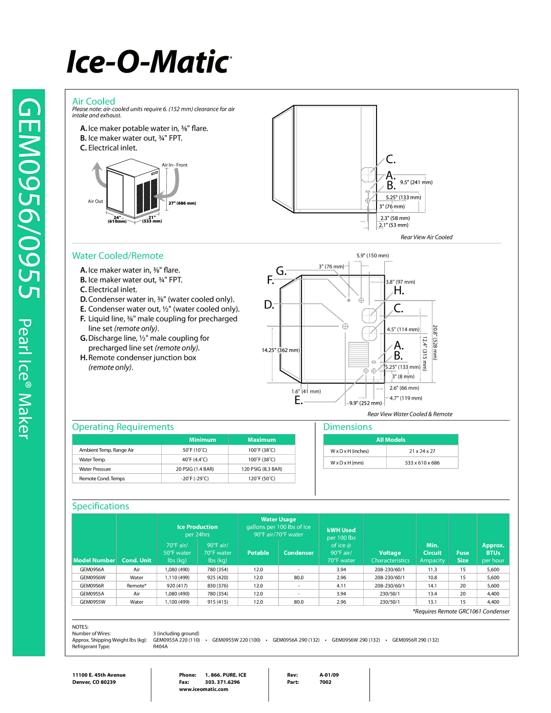 Ice-O-Matic GEM0956/0955 warranty Air Cooled, Water Cooled/Remote 