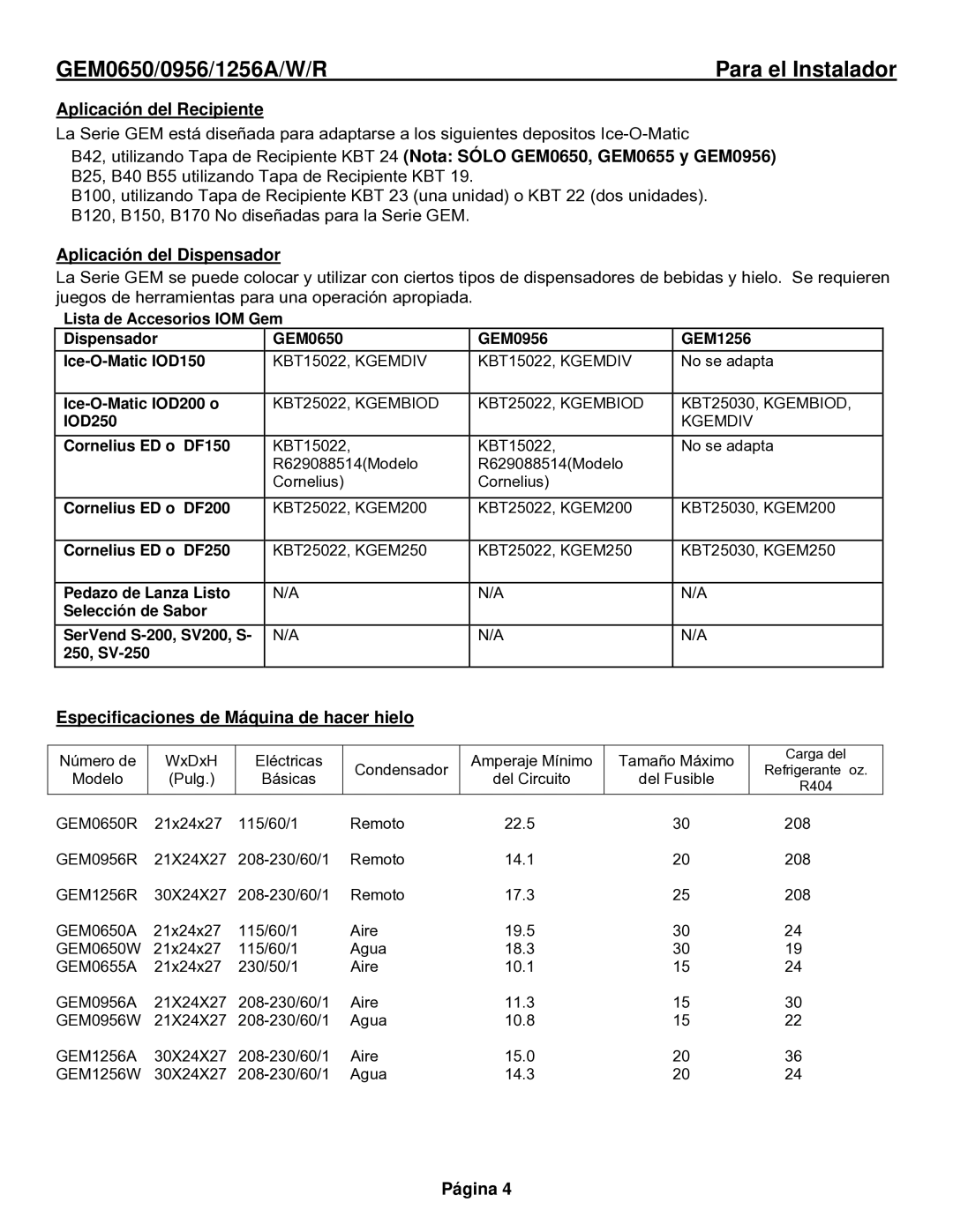 Ice-O-Matic GEM0655A, GEM0956Remoto, GEM1256Remoto Aplicación del Recipiente, Especificaciones de Máquina de hacer hielo 