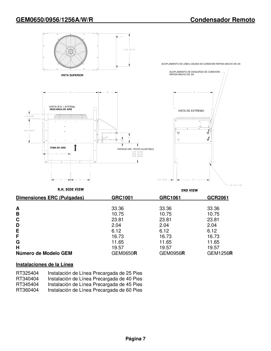 Ice-O-Matic GEM1256Remoto GEM0650/0956/1256A/W/R Condensador Remoto, Dimensiones ERC Pulgadas GRC1001 GRC1061 GCR2061 