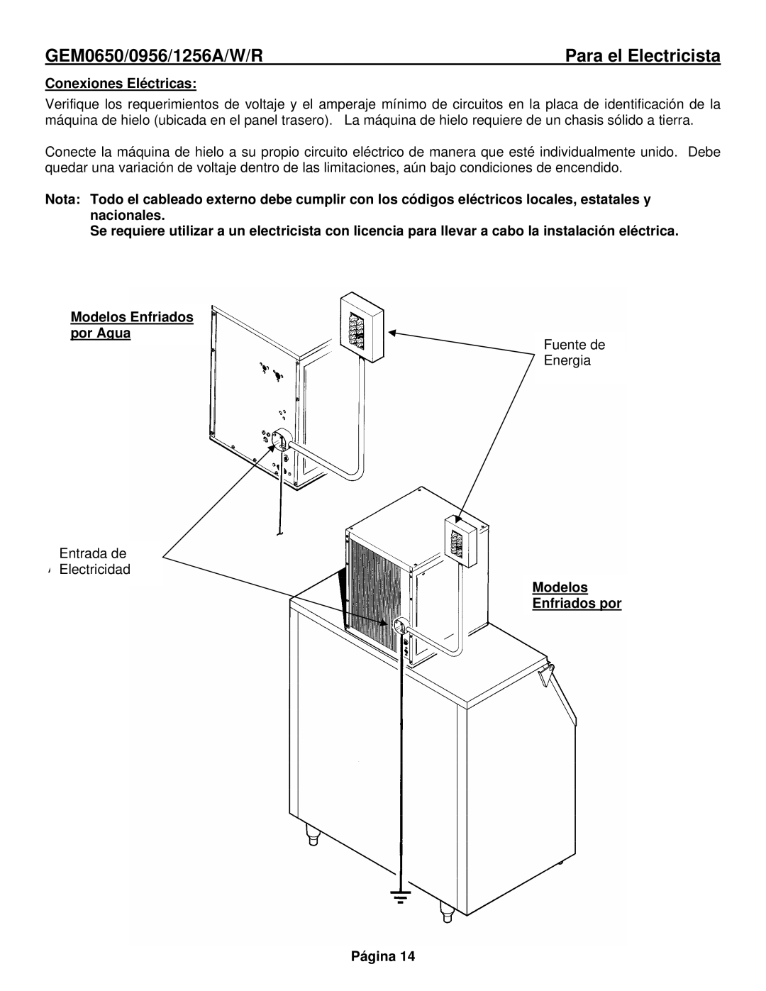 Ice-O-Matic GEM0956Remoto, GEM1256Remoto manual Para el Electricista, Conexiones Eléctricas, Modelos Enfriados por Página 