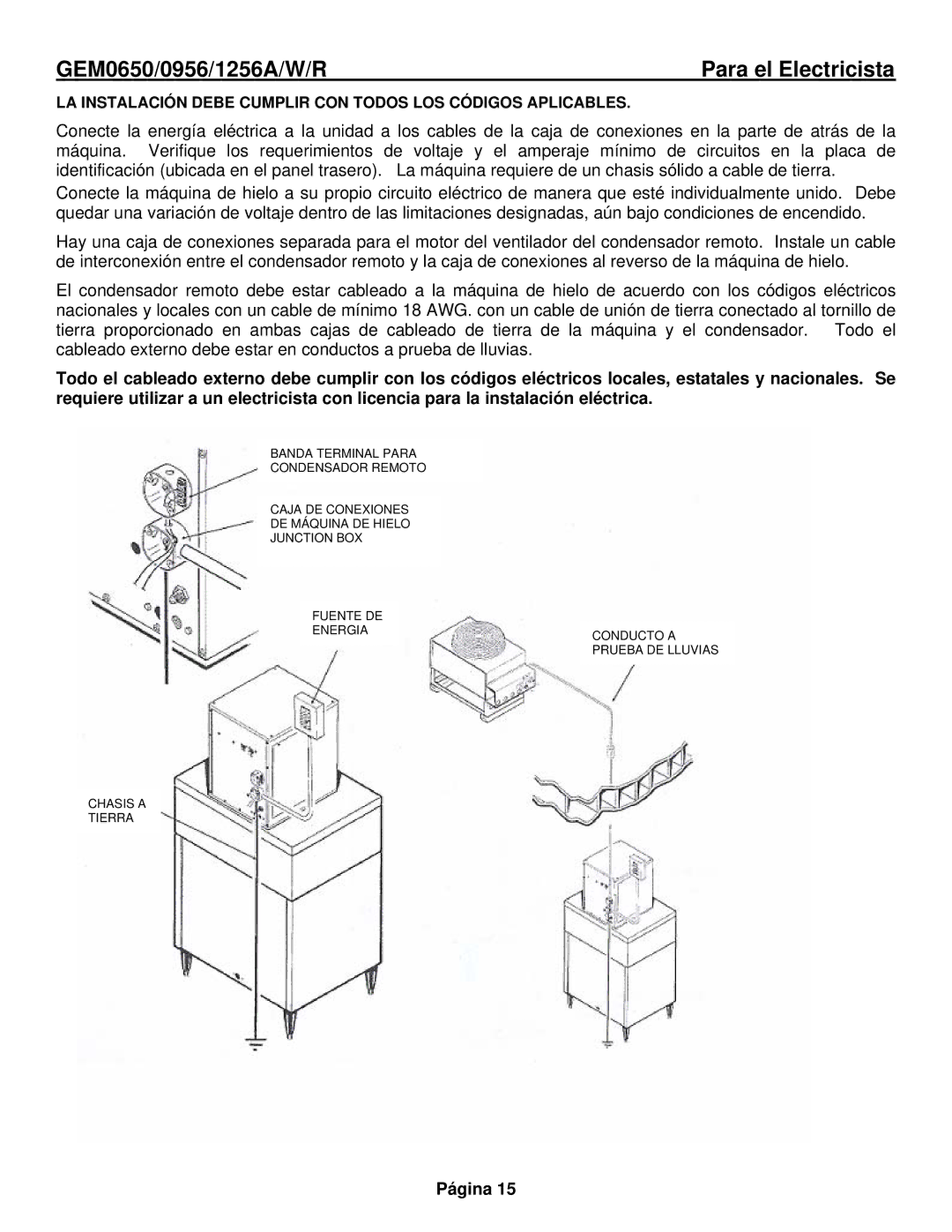 Ice-O-Matic GEM1256Remoto, GEM0956Remoto, GEM0655A manual LA Instalación Debe Cumplir CON Todos LOS Códigos Aplicables 