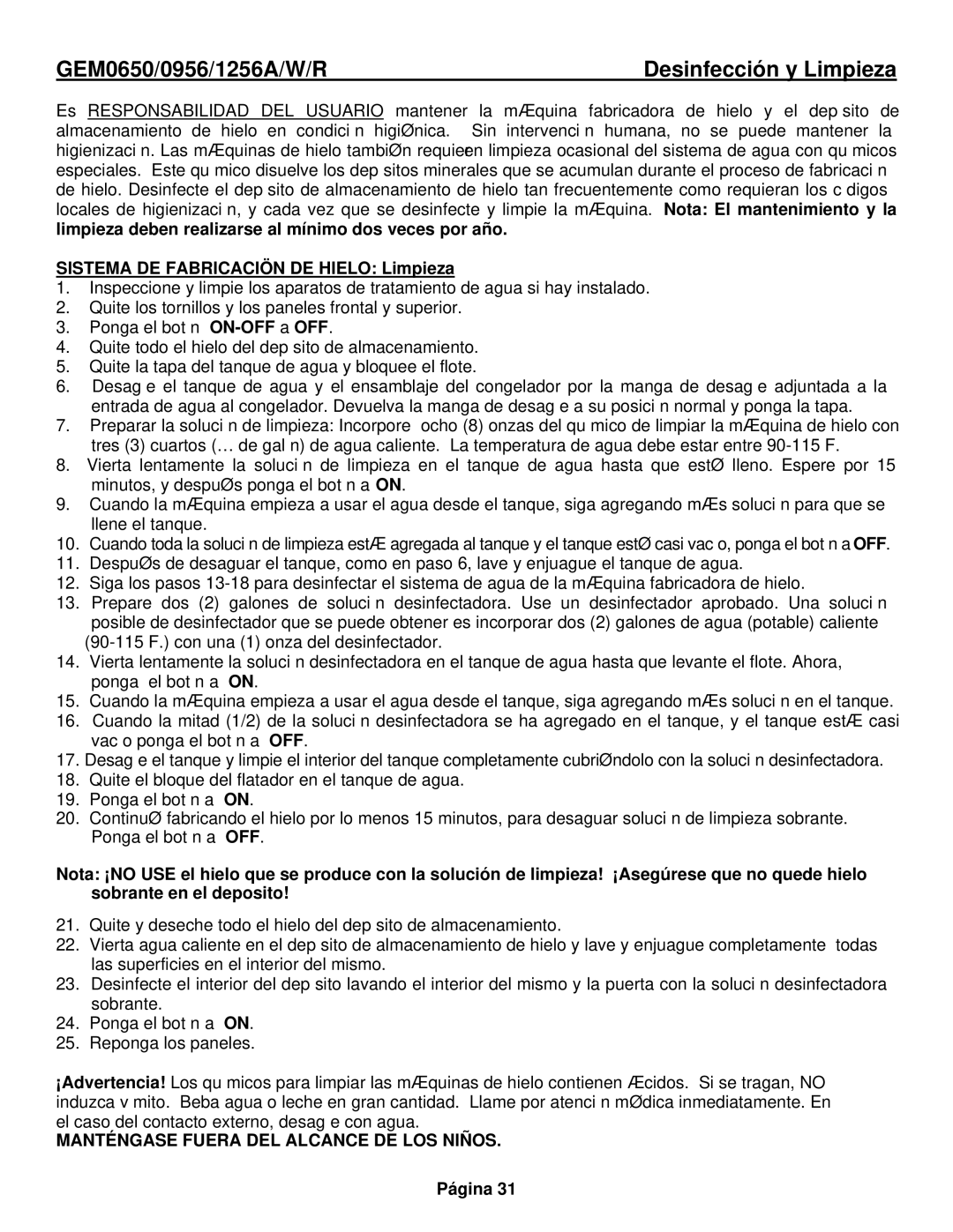Ice-O-Matic GEM1256Remoto, GEM0956Remoto, GEM0655A, GEM0650Remoto manual Desinfección y Limpieza 