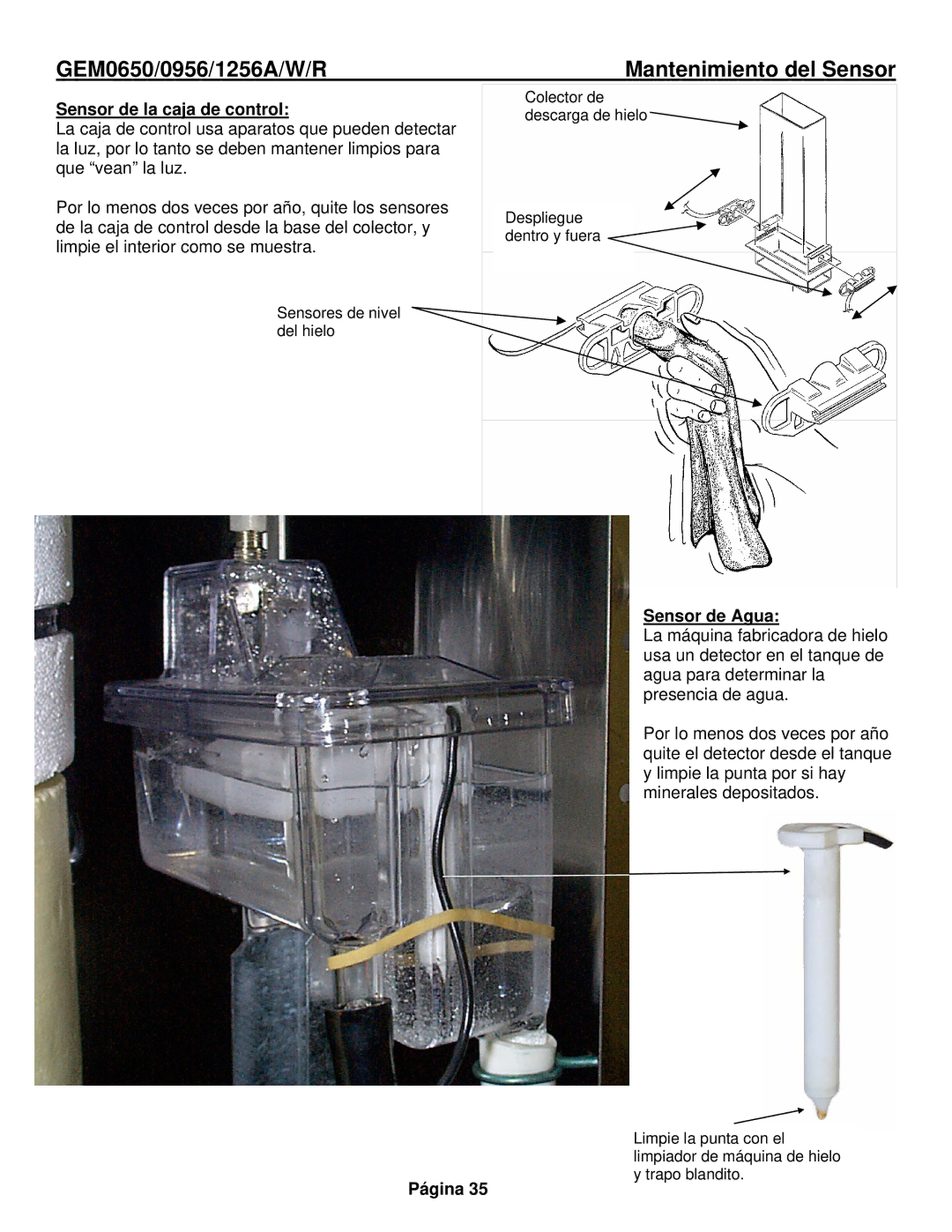 Ice-O-Matic GEM1256Remoto, GEM0956Remoto, GEM0655A Mantenimiento del Sensor, Sensor de la caja de control, Sensor de Agua 