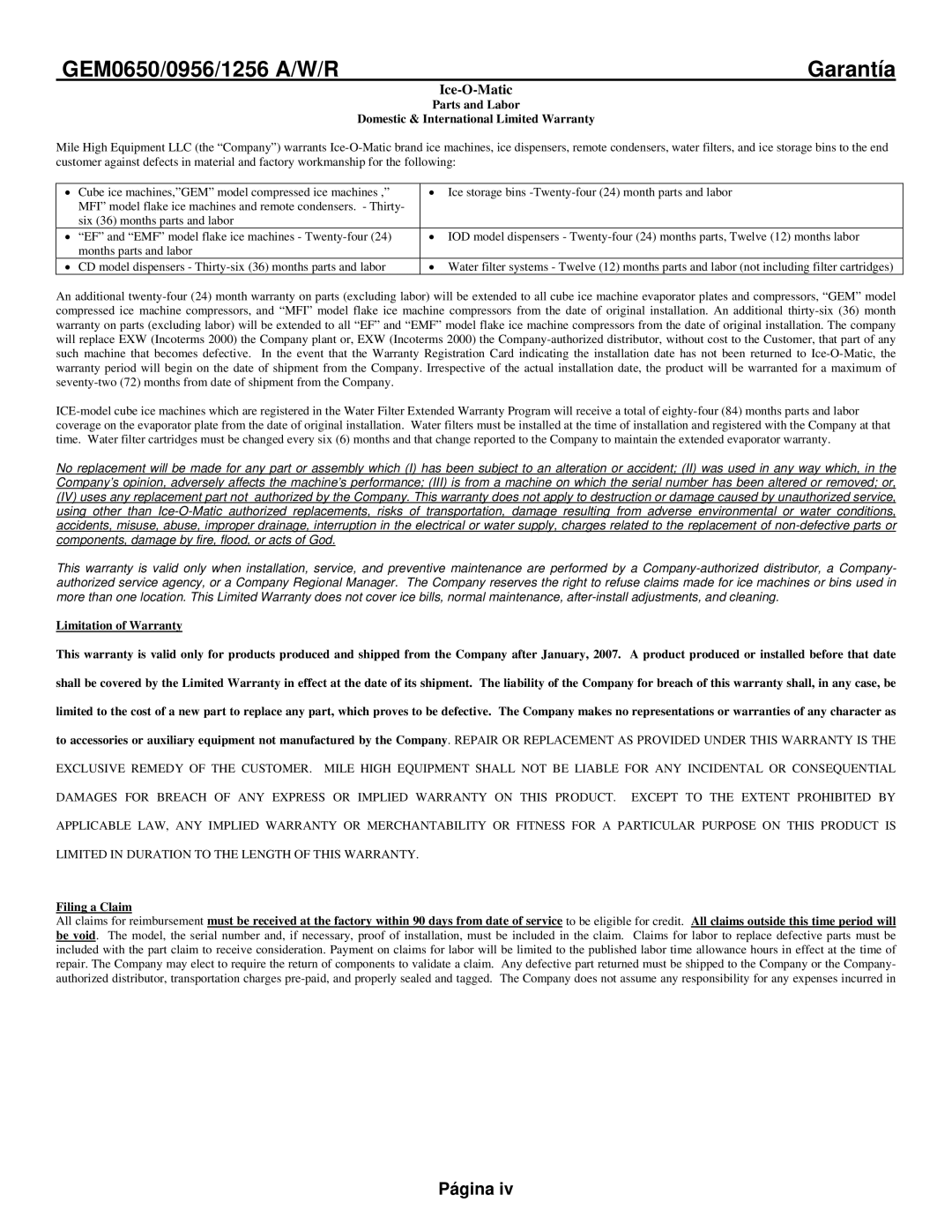 Ice-O-Matic GEM0655A, GEM0956Remoto, GEM1256Remoto, GEM0650Remoto manual GEM0650/0956/1256 A/W/R, Garantía 