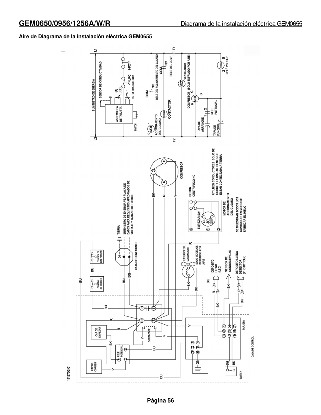 Ice-O-Matic GEM0655A, GEM0956Remoto, GEM1256Remoto, GEM0650Remoto manual Diagrama de la instalación eléctrica GEM0655 