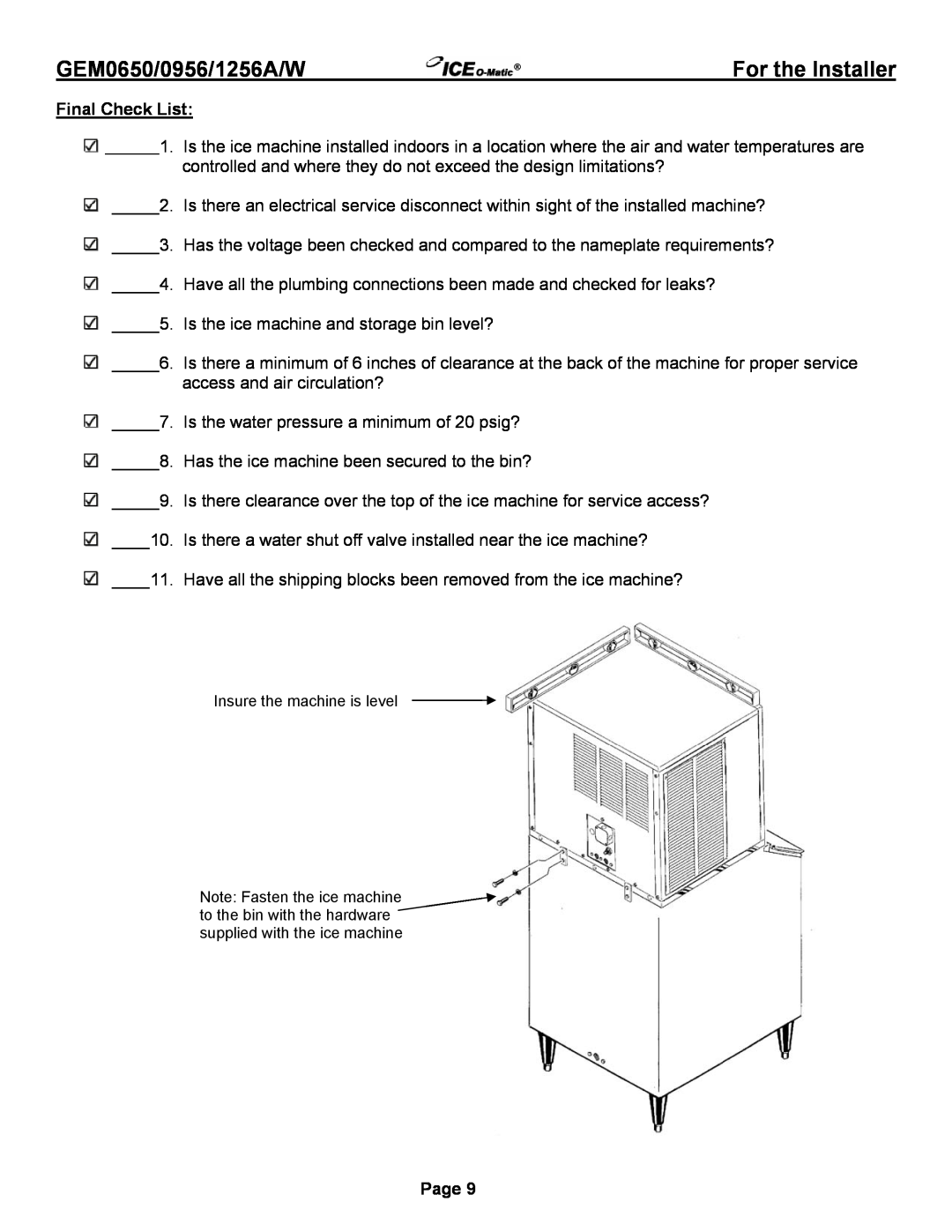 Ice-O-Matic GEM0650A/W, GEM1256A/W, GEM0956A/W, GEM0655 Air GEM0650/0956/1256A/W, Final Check List, For the Installer, Page 