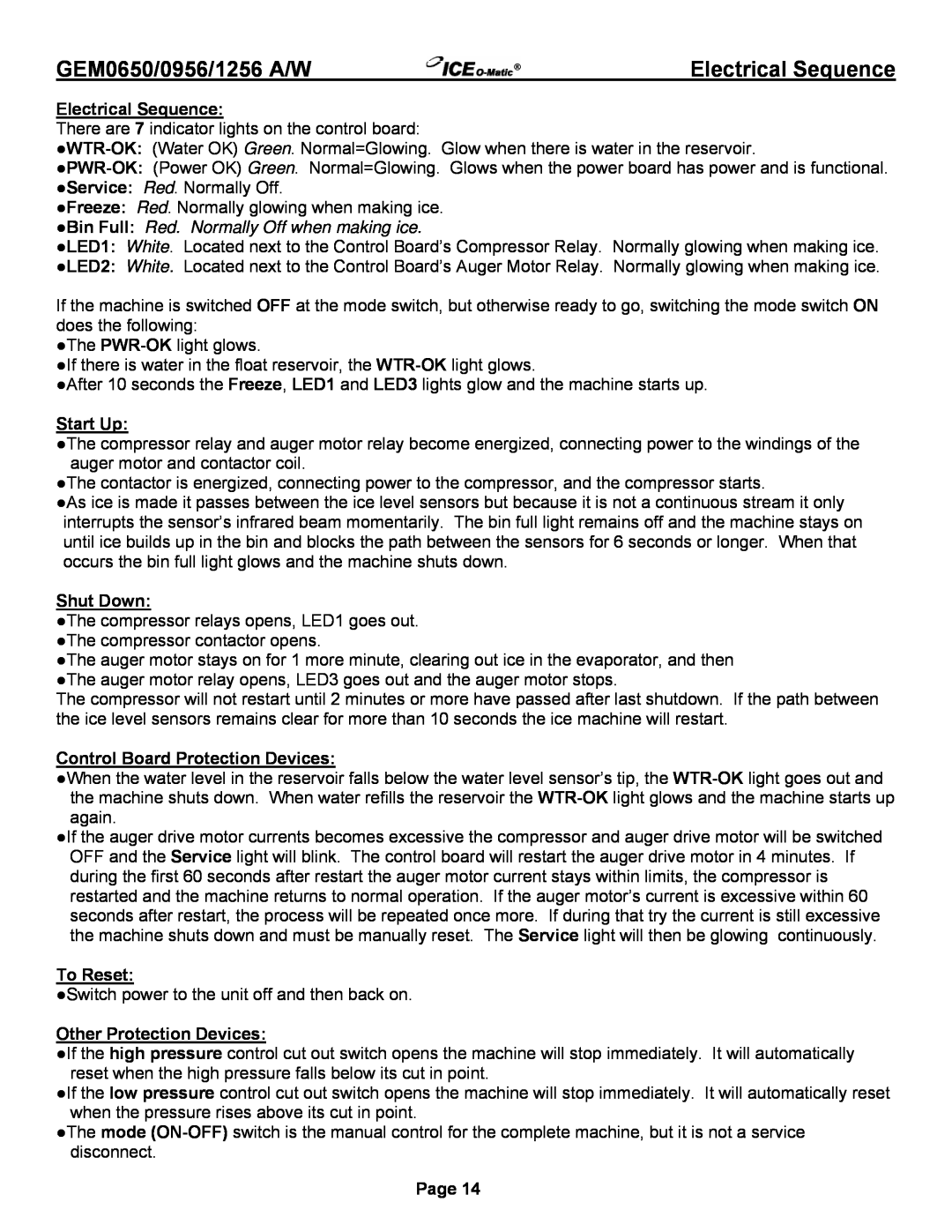Ice-O-Matic GEM1256A/W Electrical Sequence, Shut Down, Control Board Protection Devices, To Reset, GEM0650/0956/1256 A/W 