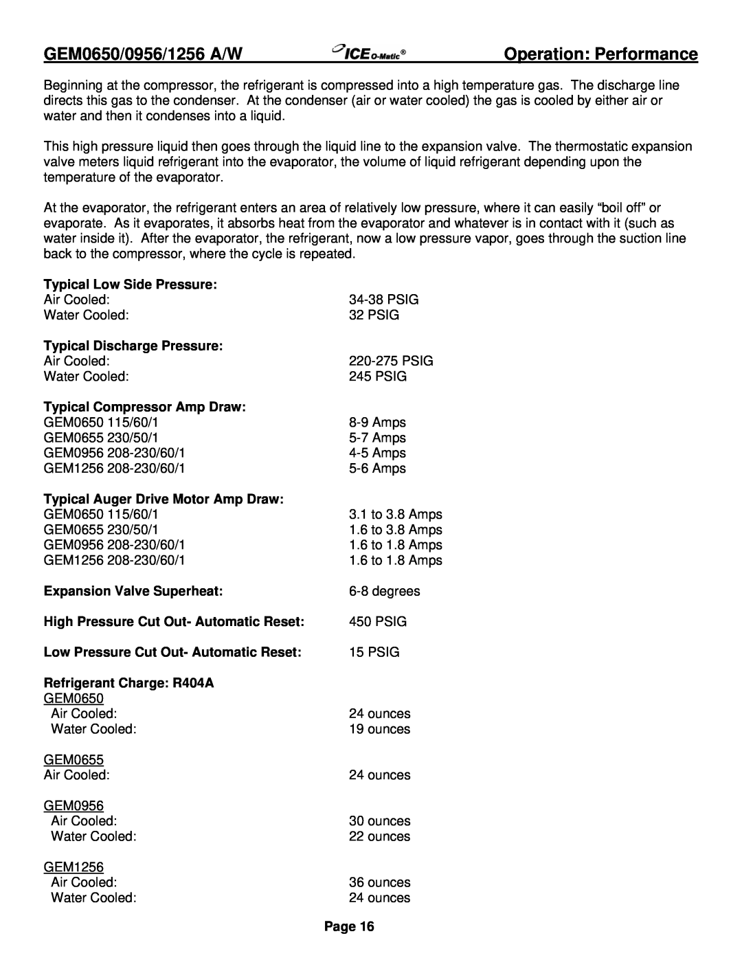 Ice-O-Matic GEM0655 Air, GEM1256A/W Operation: Performance, Typical Low Side Pressure, Typical Discharge Pressure, Page 