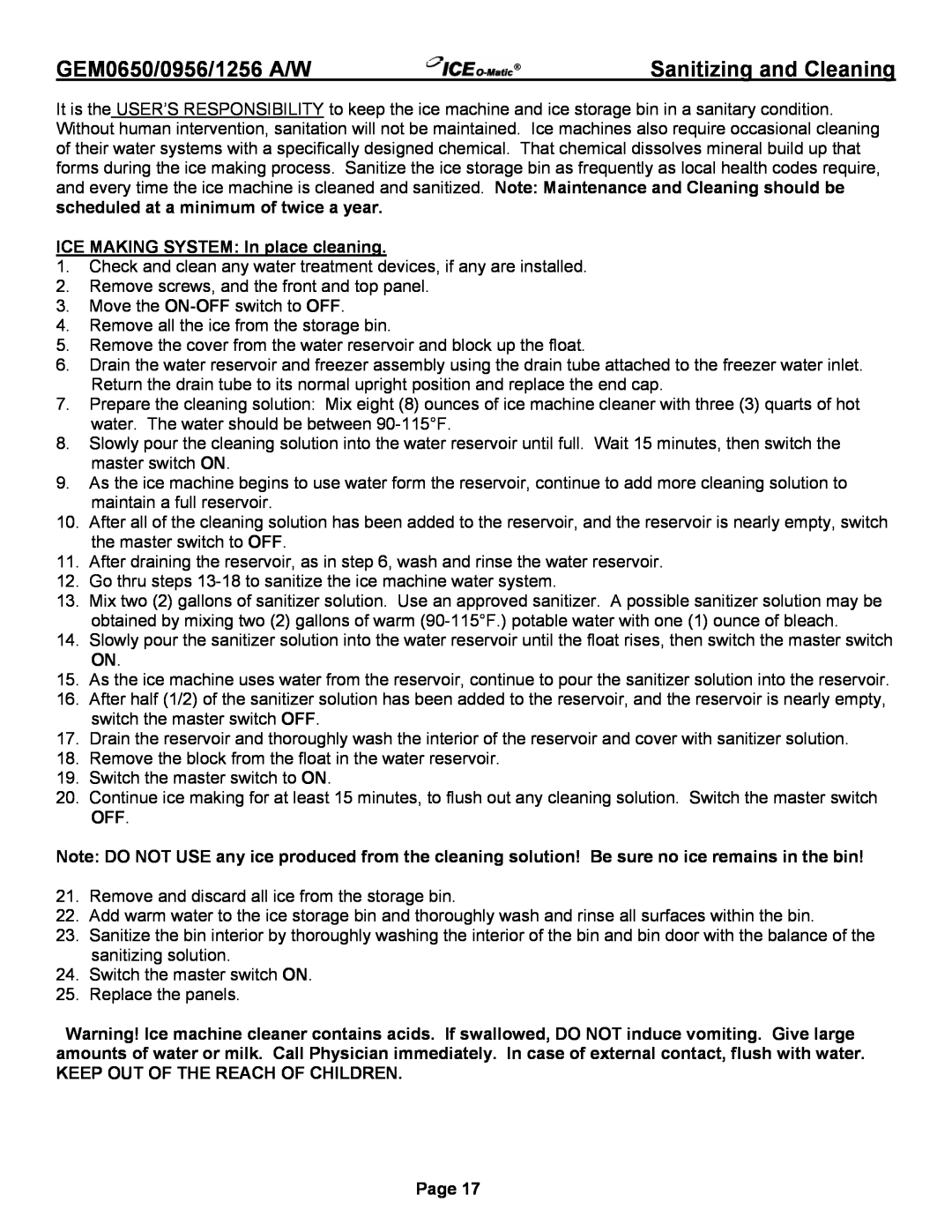 Ice-O-Matic GEM0650A/W Sanitizing and Cleaning, scheduled at a minimum of twice a year, Keep Out Of The Reach Of Children 