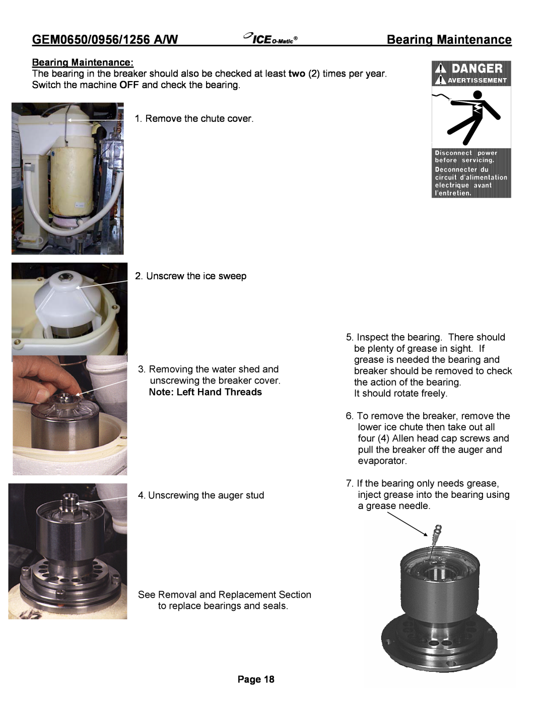 Ice-O-Matic GEM1256A/W, GEM0956A/W, GEM0655 Air Bearing Maintenance, Note Left Hand Threads, GEM0650/0956/1256 A/W, Page 