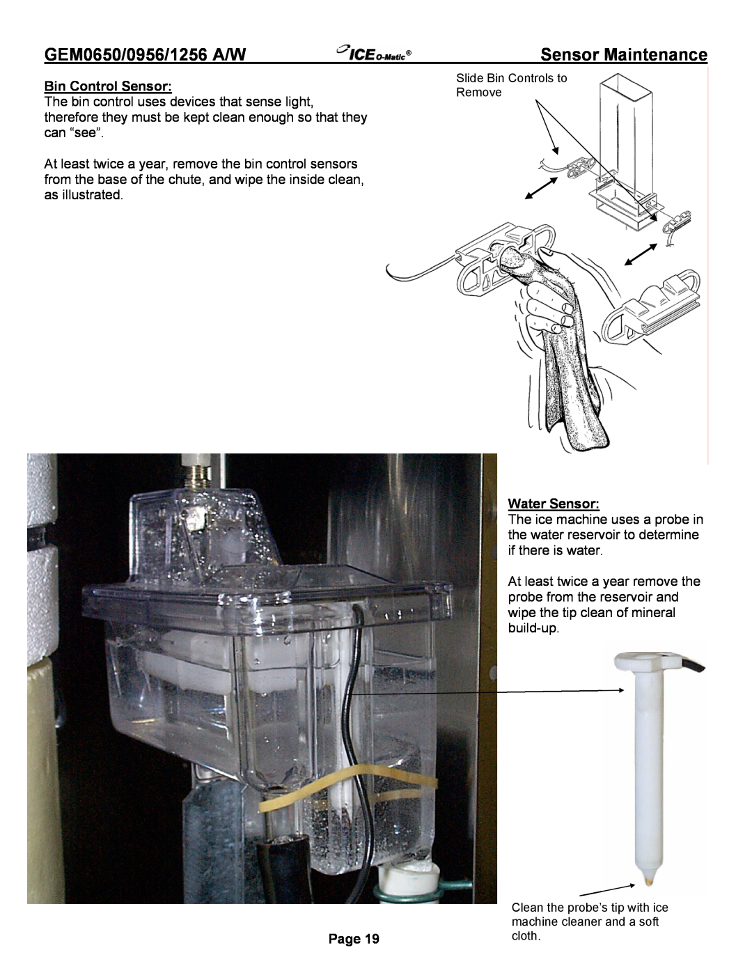 Ice-O-Matic GEM0956A/W, GEM1256A/W Sensor Maintenance, Bin Control Sensor, Water Sensor, GEM0650/0956/1256 A/W, Page 