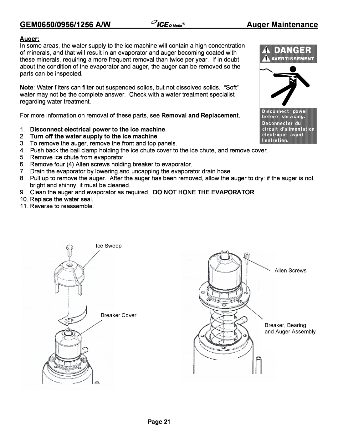 Ice-O-Matic GEM0650A/W Auger Maintenance, Disconnect electrical power to the ice machine, GEM0650/0956/1256 A/W, Page 