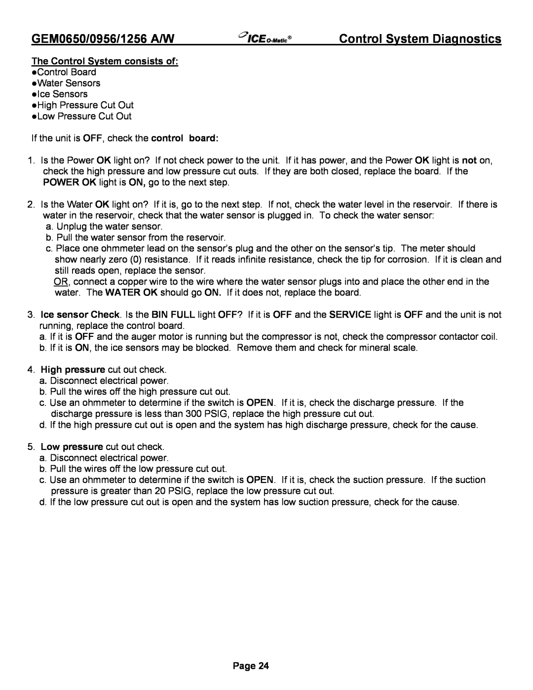 Ice-O-Matic GEM0655 Air, GEM1256A/W Control System Diagnostics, High pressure cut out check, GEM0650/0956/1256 A/W, Page 
