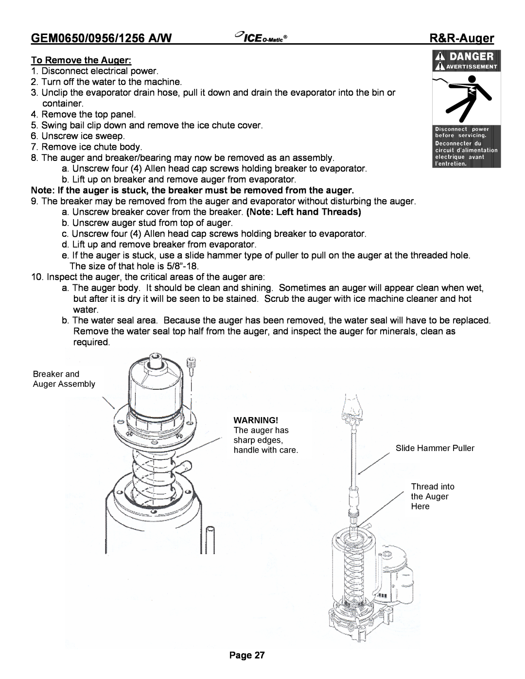 Ice-O-Matic GEM0956A/W, GEM1256A/W, GEM0655 Air, GEM0650A/W R&R-Auger, To Remove the Auger, GEM0650/0956/1256 A/W, Page 