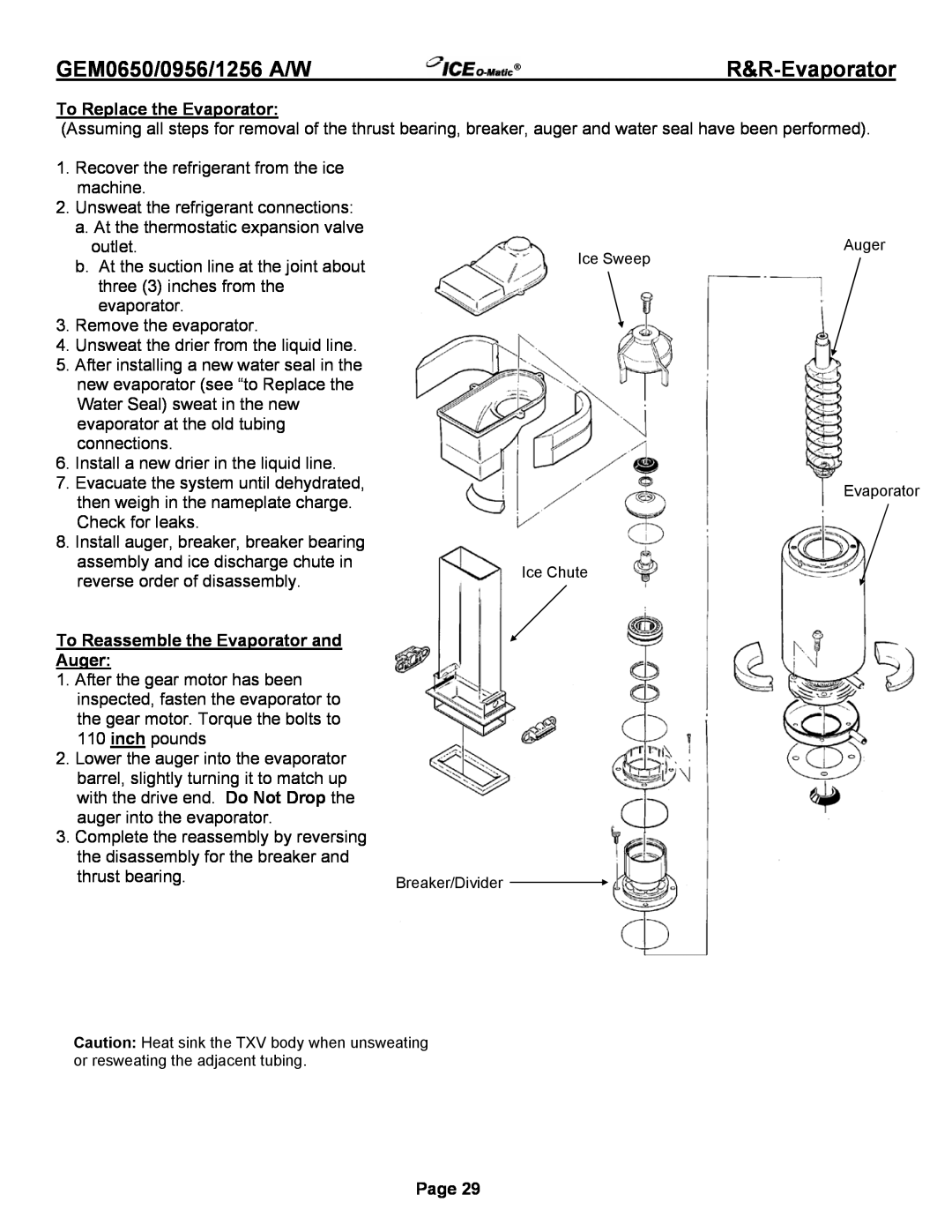 Ice-O-Matic GEM0650A/W, GEM1256A/W R&R-Evaporator, To Replace the Evaporator, To Reassemble the Evaporator and Auger, Page 