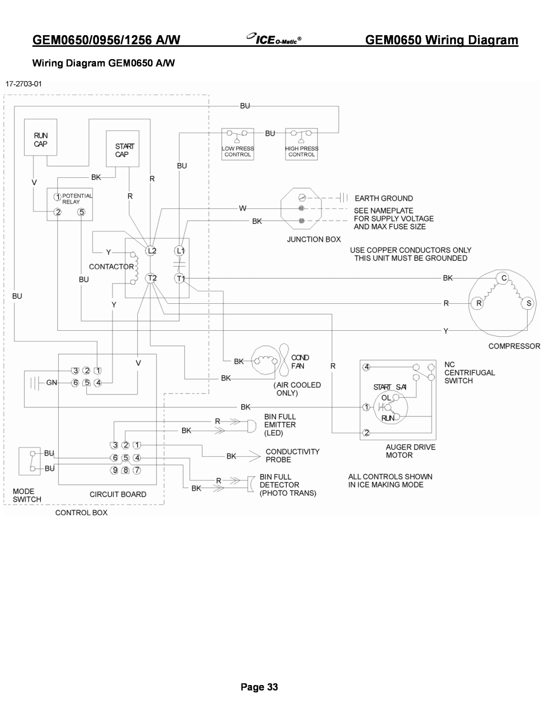Ice-O-Matic GEM0650A/W, GEM1256A/W GEM0650 Wiring Diagram, Wiring Diagram GEM0650 A/W, GEM0650/0956/1256 A/W, Page 
