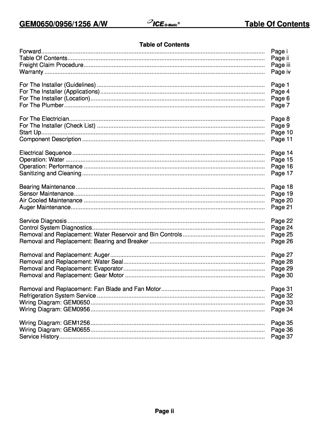 Ice-O-Matic GEM1256A/W, GEM0956A/W, GEM0655 Air Table Of Contents, Table of Contents, GEM0650/0956/1256 A/W, Page 