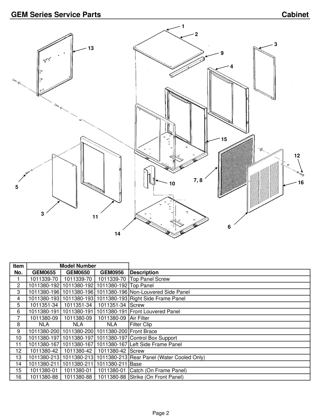 Ice-O-Matic GEM1256A/W/R, GEM0956A/W/R GEM Series Service Parts Cabinet, Model Number GEM0655 GEM0650 GEM0956 Description 