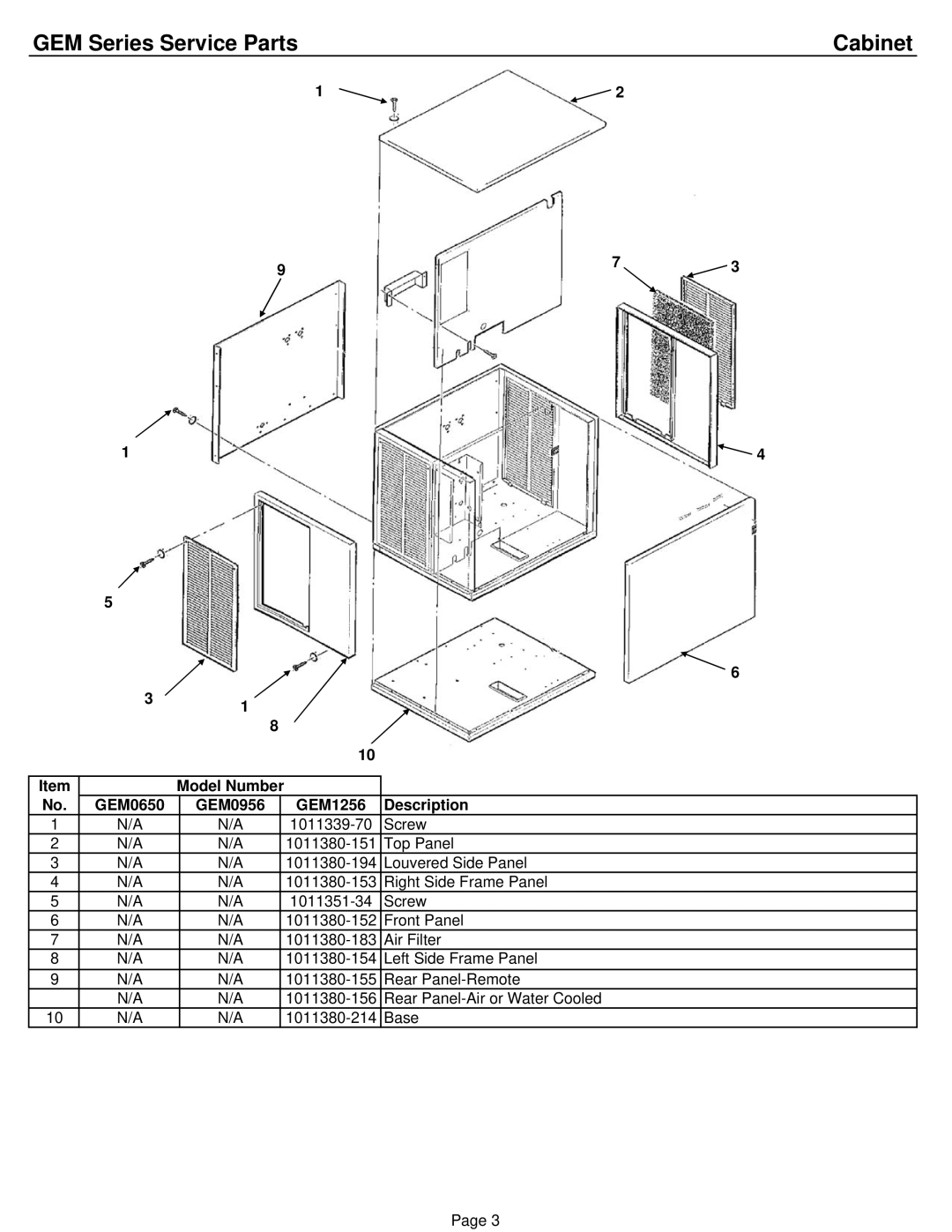 Ice-O-Matic GEM0956A/W/R, GEM1256A/W/R, GEM0650A/W/R, GEM0655 GEM Series Service Parts, GEM0650 GEM0956 GEM1256 Description 