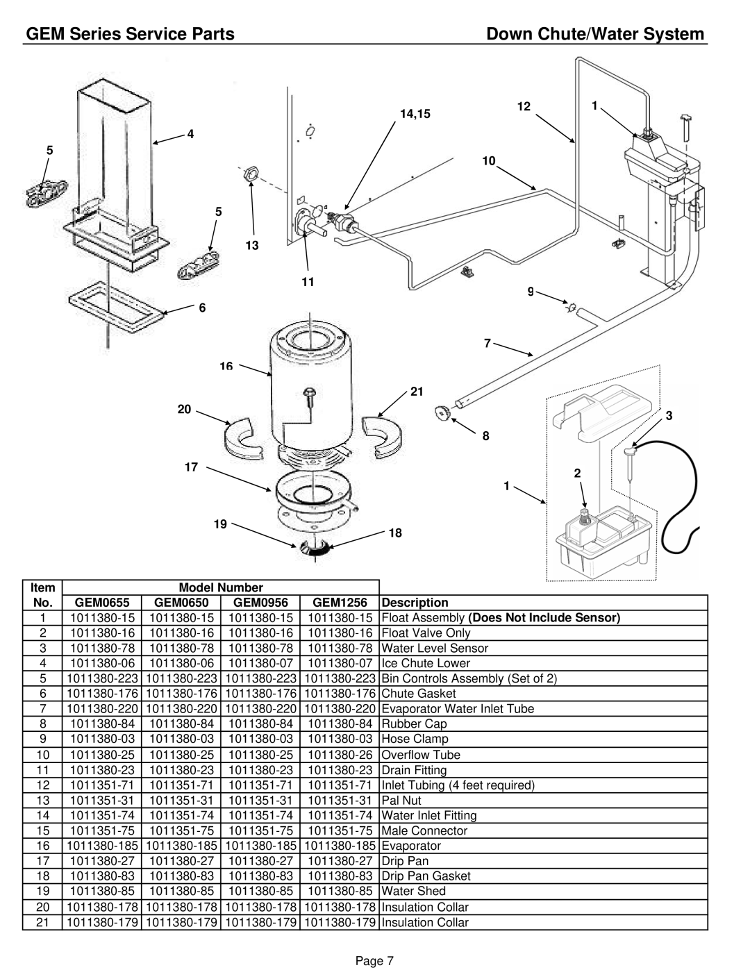 Ice-O-Matic GEM0956A/W/R, GEM1256A/W/R, GEM0650A/W/R manual Down Chute/Water System, Float Assembly Does Not Include Sensor 