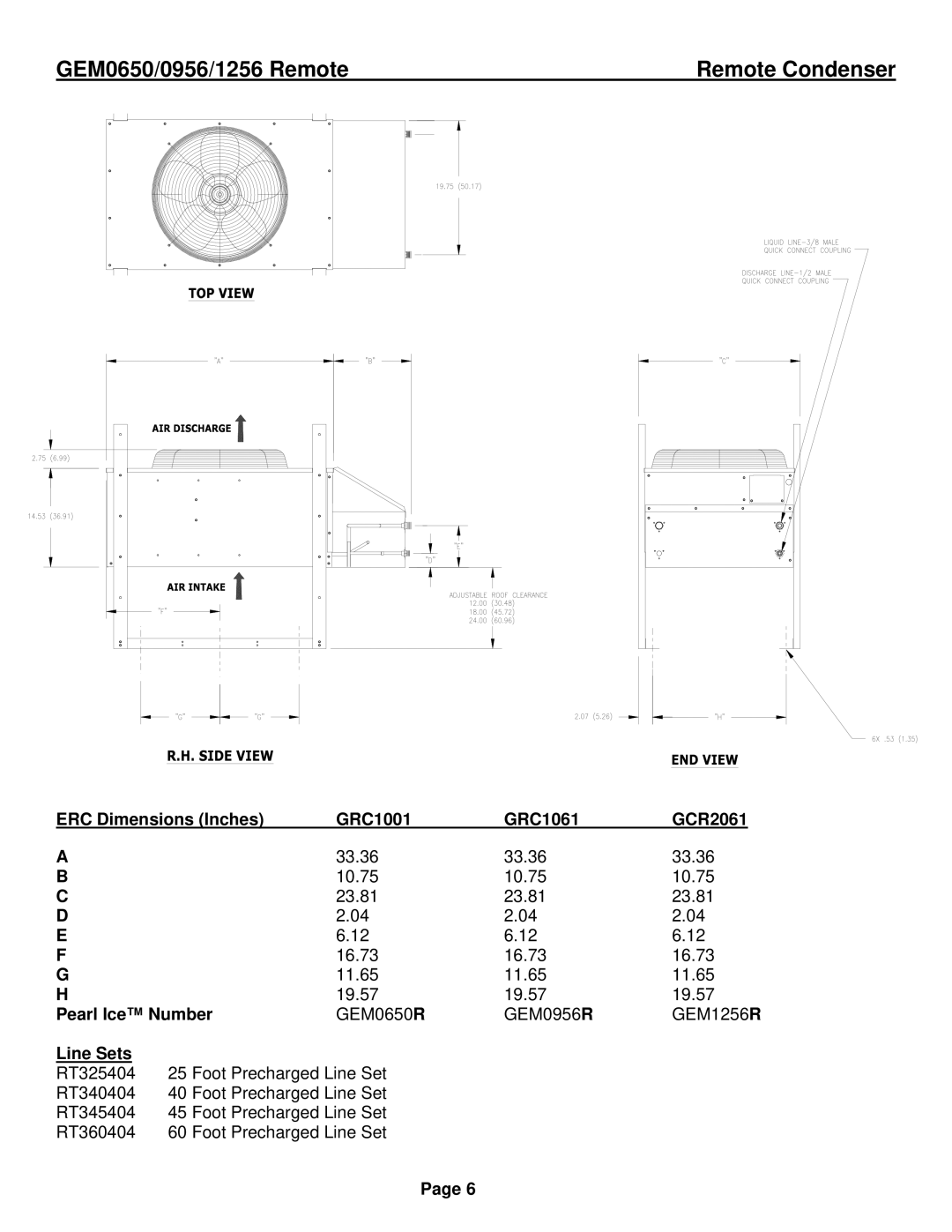 Ice-O-Matic GEM1256R Remote Condenser, ERC Dimensions Inches GRC1001 GRC1061 GCR2061, Pearl Ice Number, Line Sets 