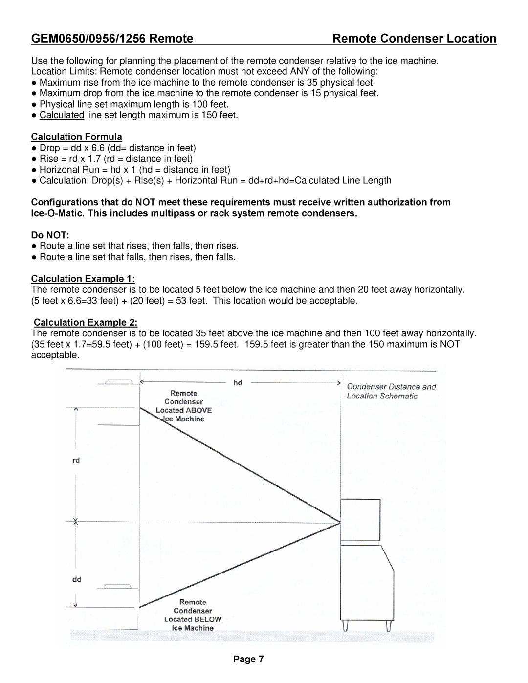 Ice-O-Matic GEM0956R, GEM1256R, GEM0650R Remote Condenser Location, Calculation Formula, Calculation Example 