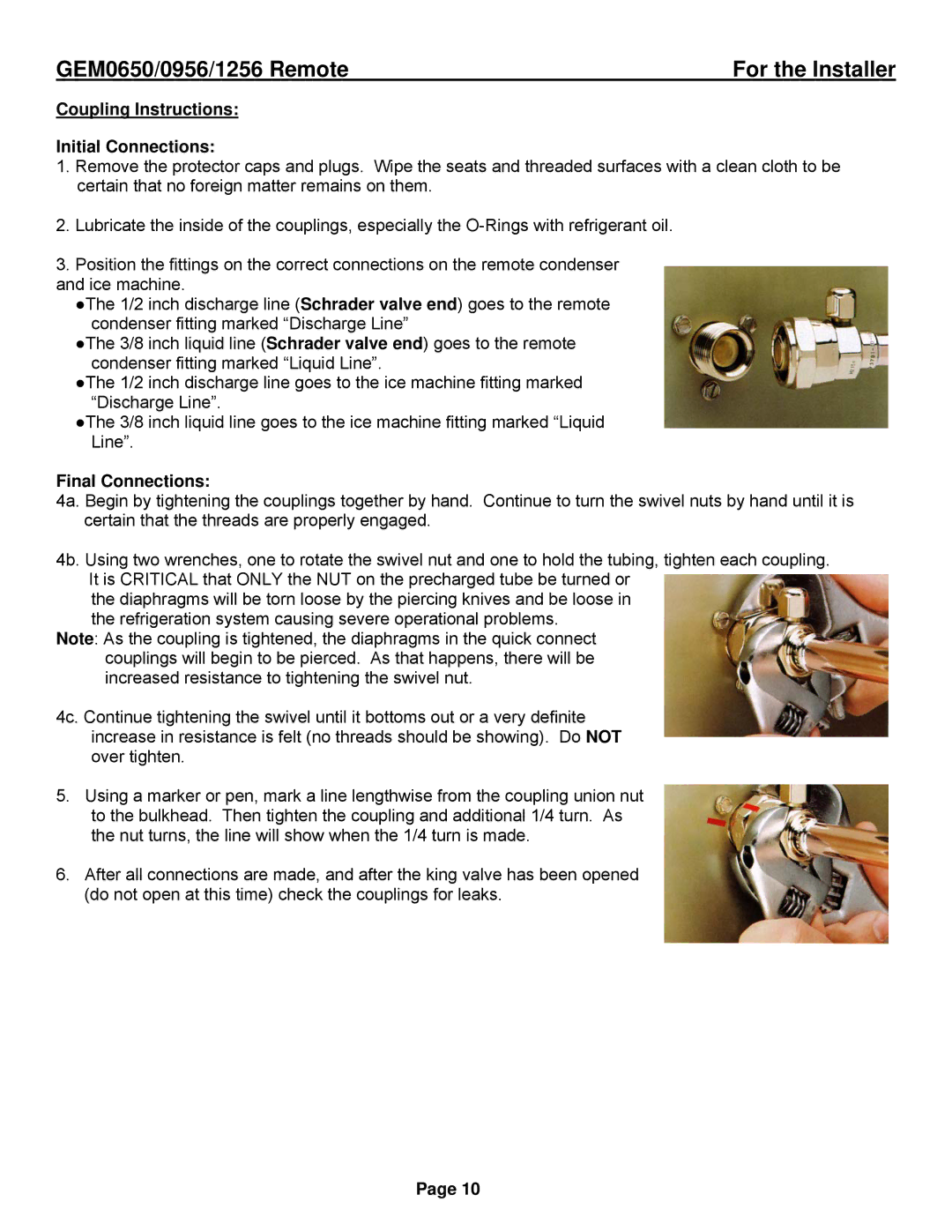 Ice-O-Matic GEM0956R, GEM1256R, GEM0650R installation manual Coupling Instructions Initial Connections, Final Connections 