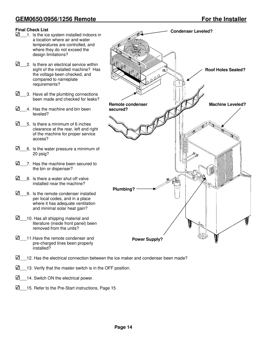 Ice-O-Matic GEM0650R, GEM1256R, GEM0956R installation manual Final Check List 