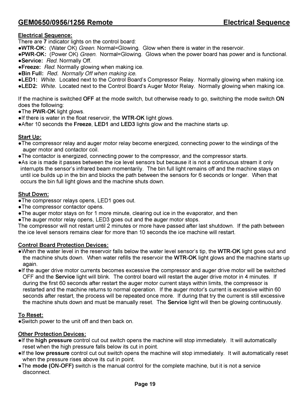 Ice-O-Matic GEM0956R, GEM1256R, GEM0650R installation manual Electrical Sequence 