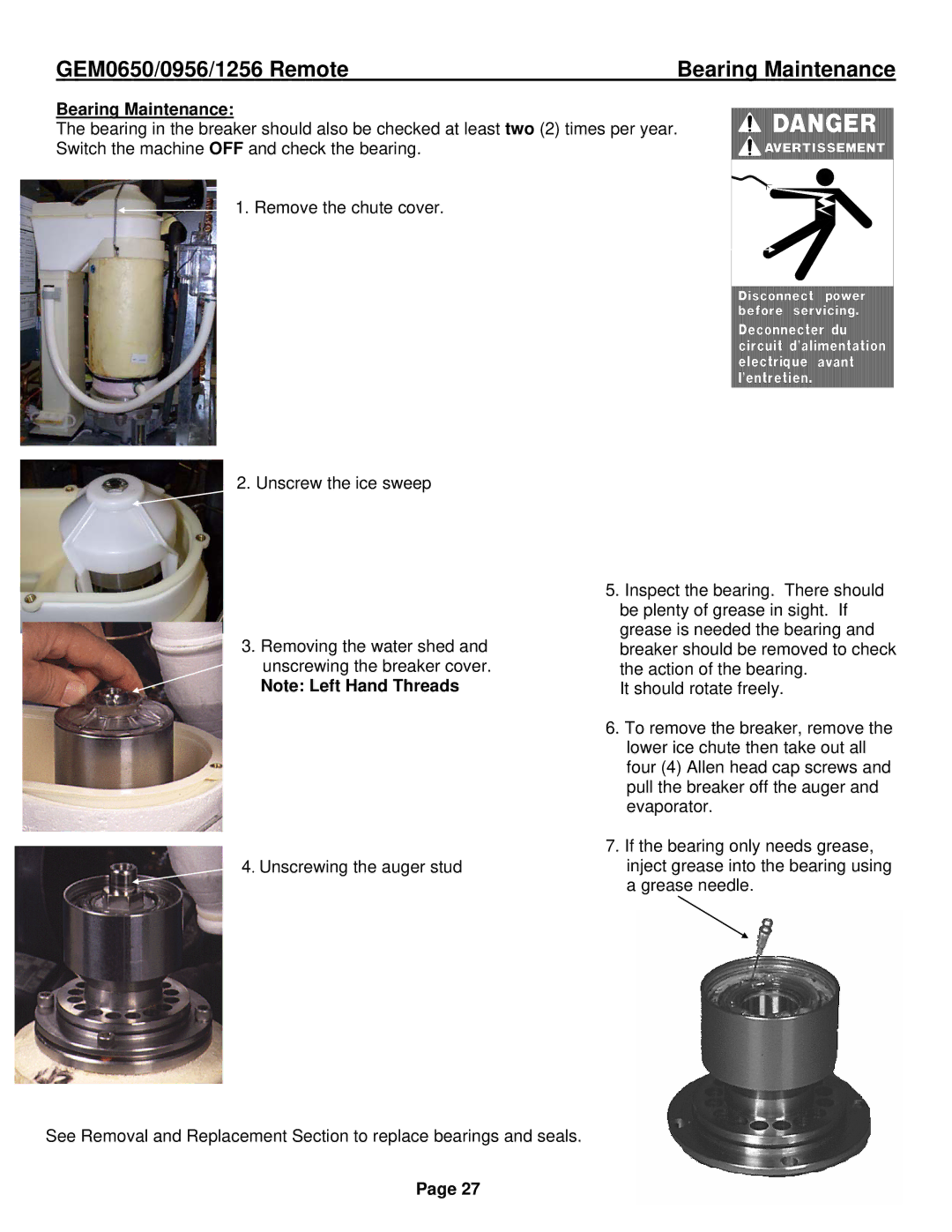 Ice-O-Matic GEM1256R, GEM0956R, GEM0650R installation manual Bearing Maintenance 