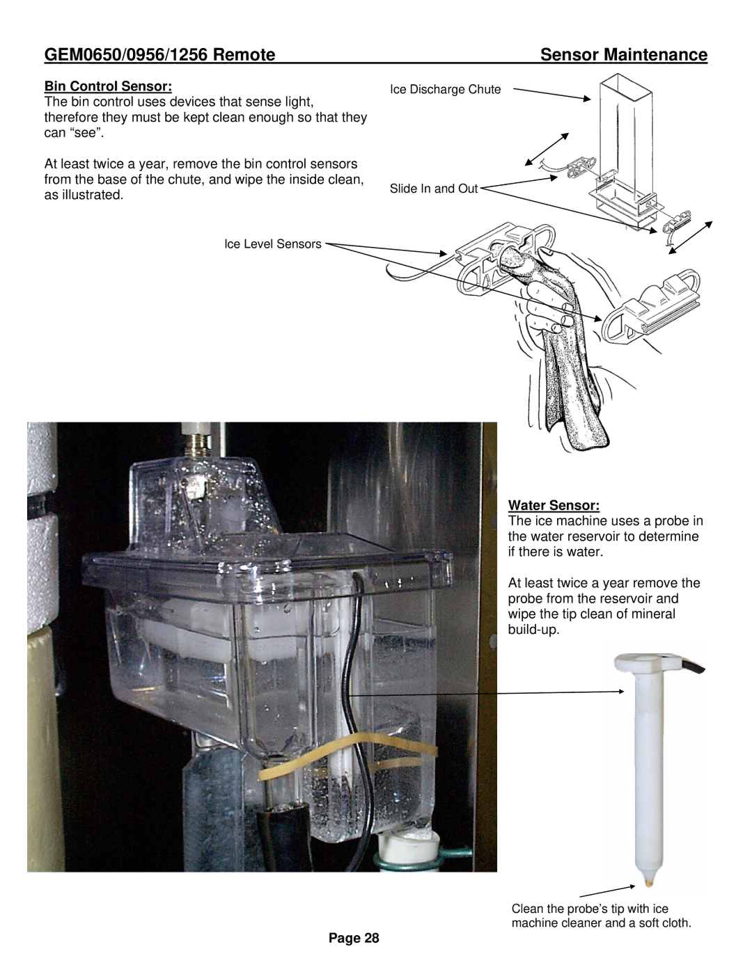 Ice-O-Matic GEM0956R, GEM1256R, GEM0650R installation manual Sensor Maintenance, Bin Control Sensor, Water Sensor 