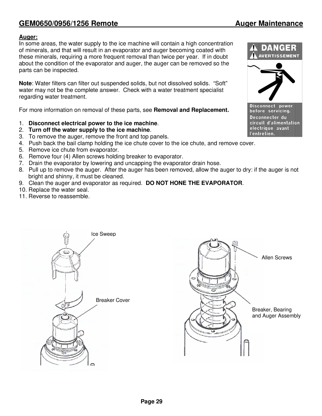 Ice-O-Matic GEM0650R, GEM1256R, GEM0956R installation manual Auger Maintenance 