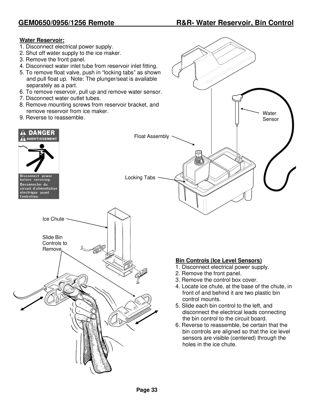 Ice-O-Matic GEM1256R, GEM0956R, GEM0650R installation manual Water Reservoir, Bin Control, Bin Controls Ice Level Sensors 