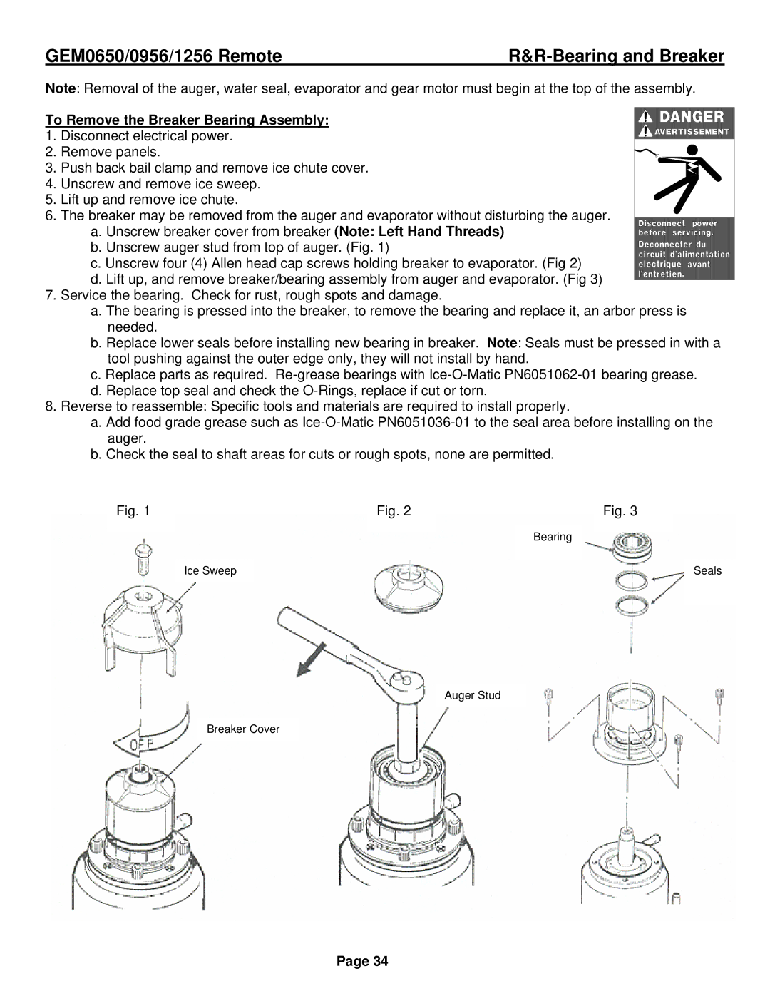 Ice-O-Matic GEM0956R, GEM1256R, GEM0650R installation manual Bearing and Breaker, To Remove the Breaker Bearing Assembly 