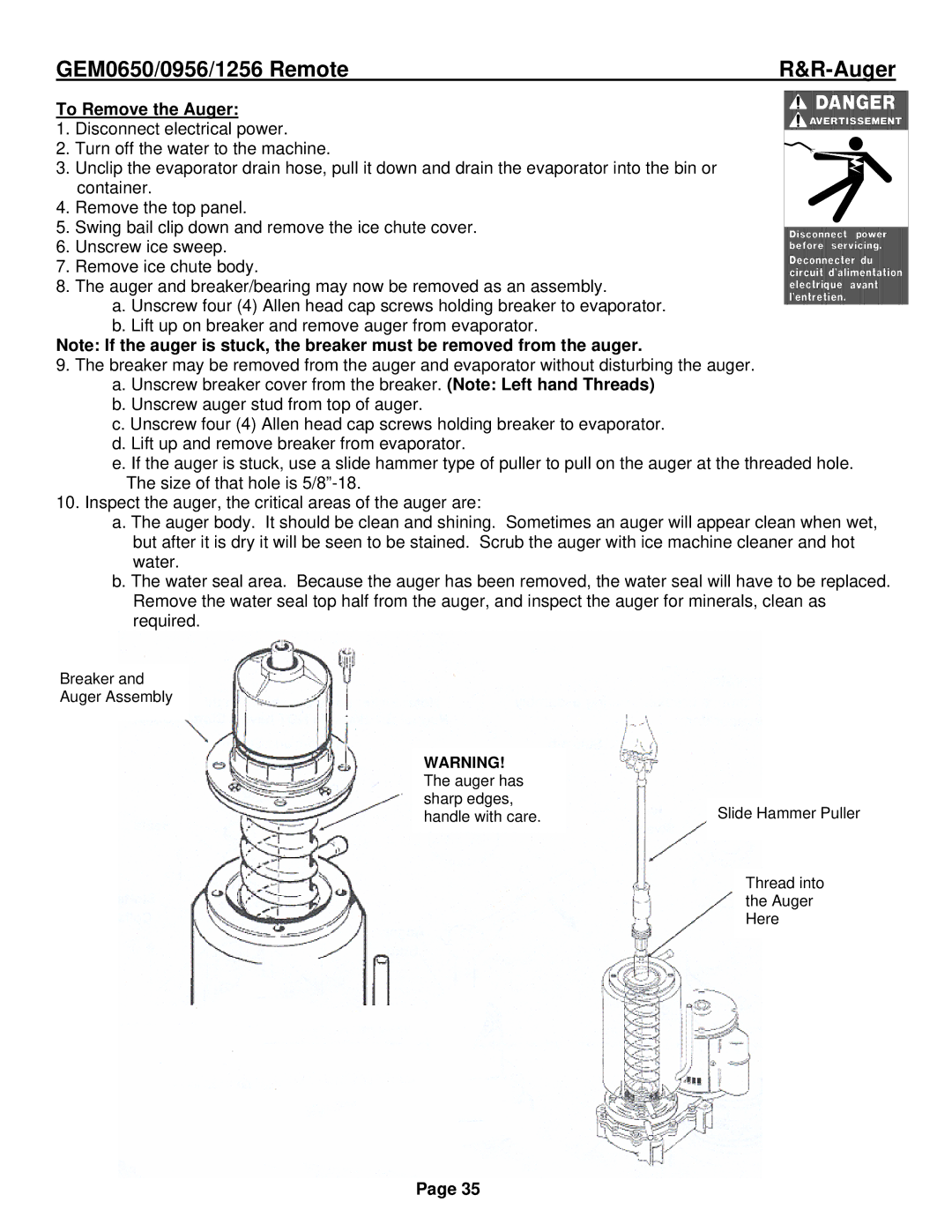 Ice-O-Matic GEM0650R, GEM1256R, GEM0956R installation manual To Remove the Auger 