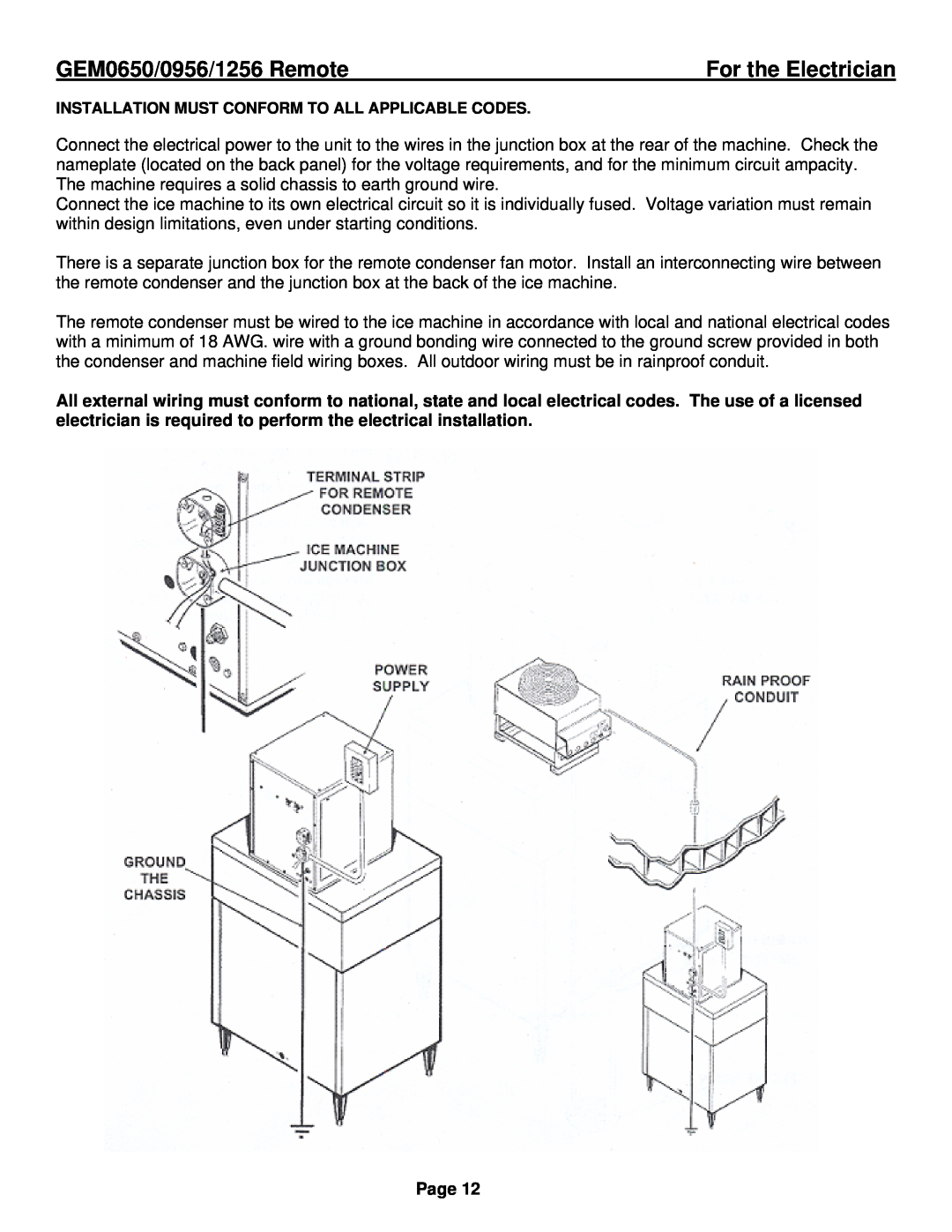 Ice-O-Matic GEM1256R, GEM0956R, GEM0650R installation manual For the Electrician, GEM0650/0956/1256 Remote, Page 