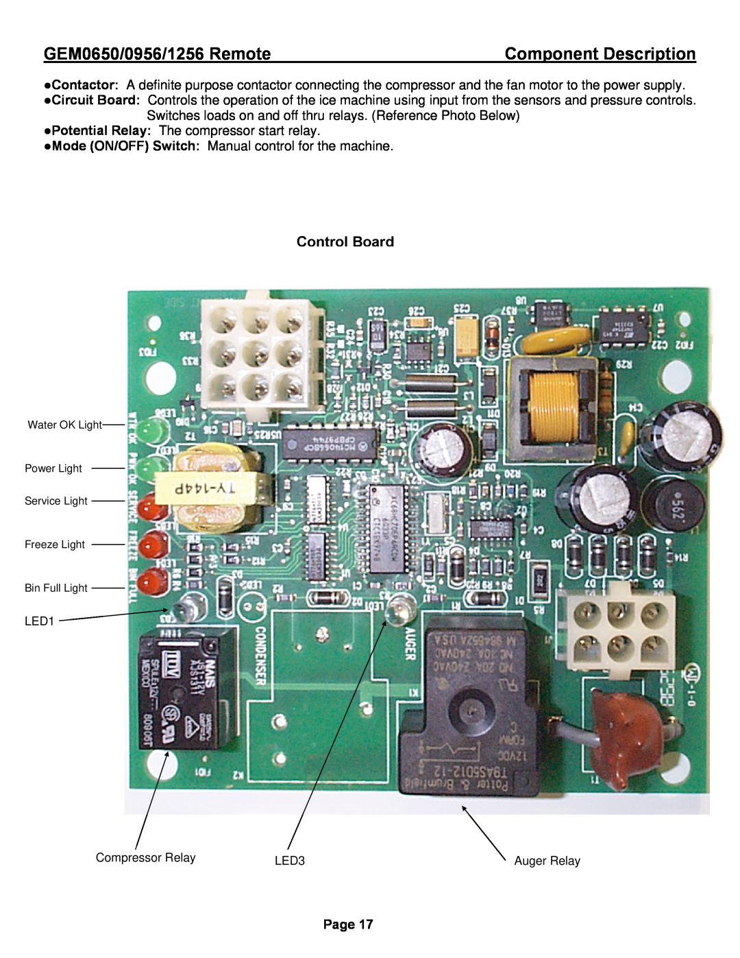Ice-O-Matic GEM0650R, GEM1256R, GEM0956R Control Board, GEM0650/0956/1256 Remote, Component Description, Page 
