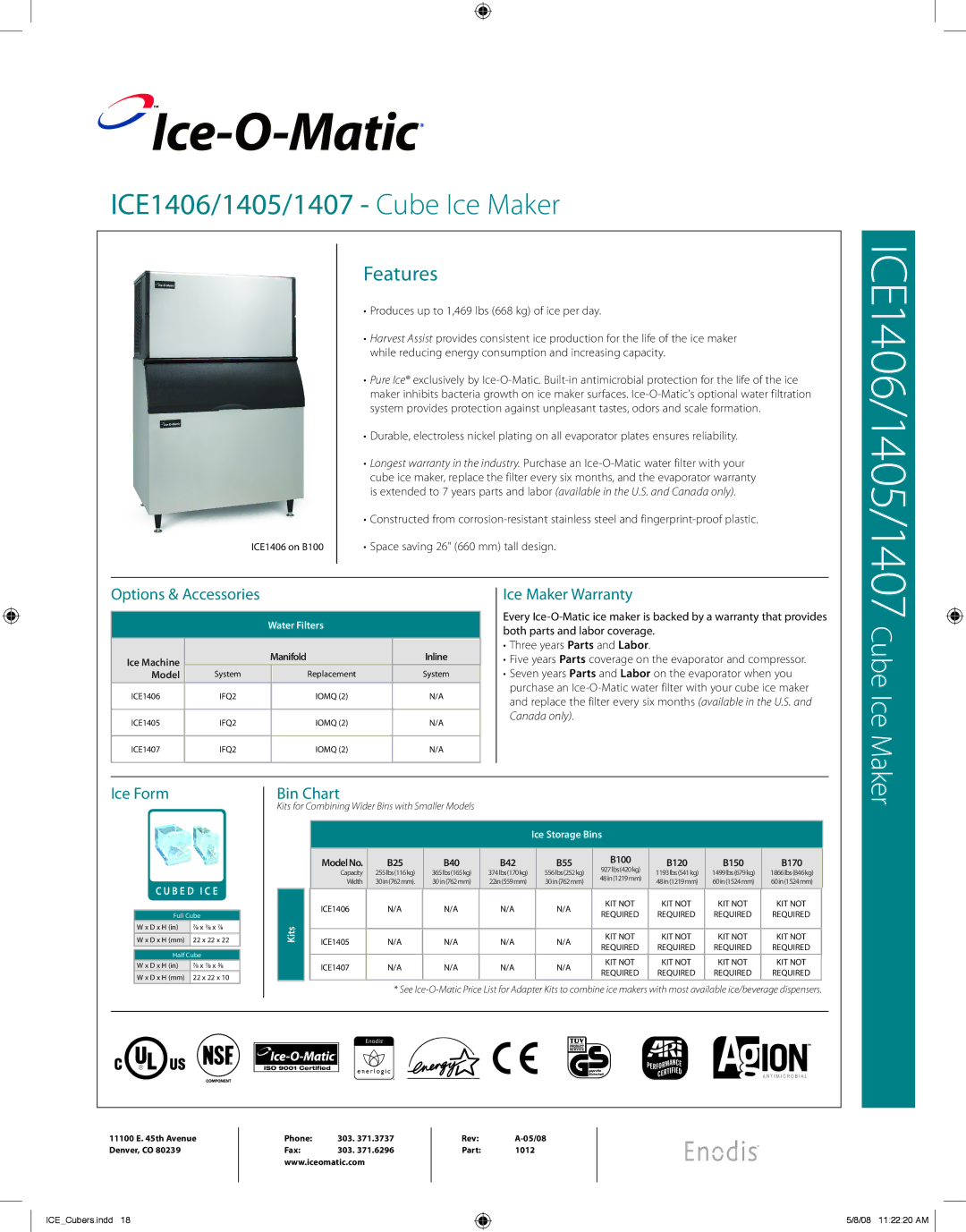 Ice-O-Matic ICE 1406, ICE 1407, ICE 1405 warranty Options & Accessories, Ice Maker Warranty, Ice Form, Bin Chart 