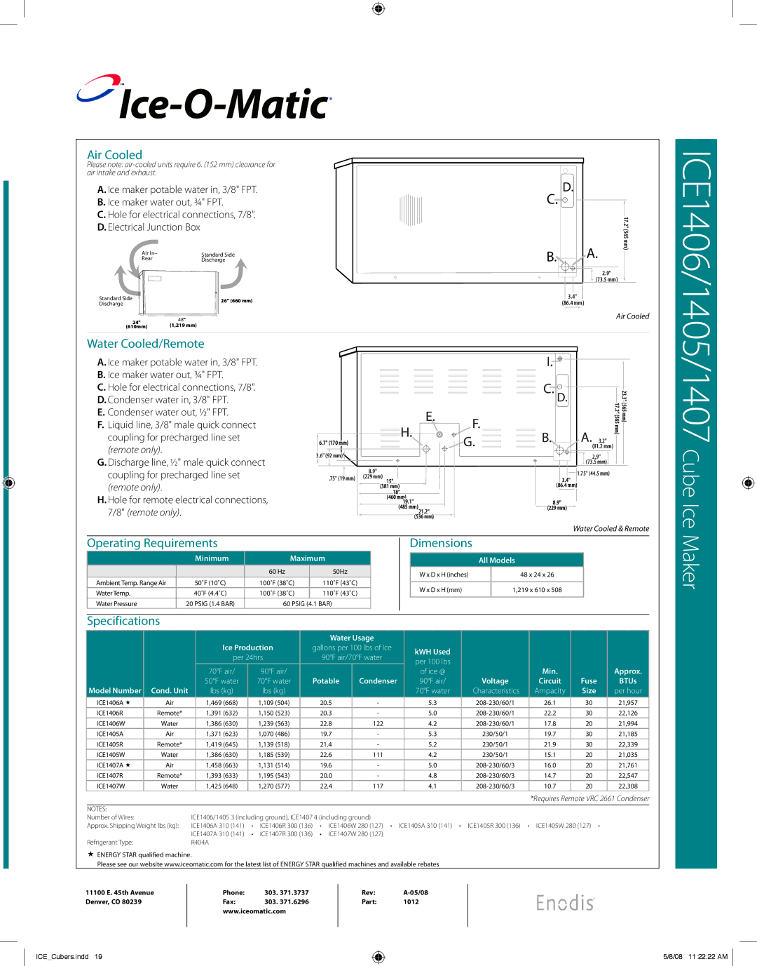 Ice-O-Matic ICE 1405, ICE 1407, ICE 1406 warranty Air Cooled, Water Cooled/Remote, Operating Requirements, Specifications 