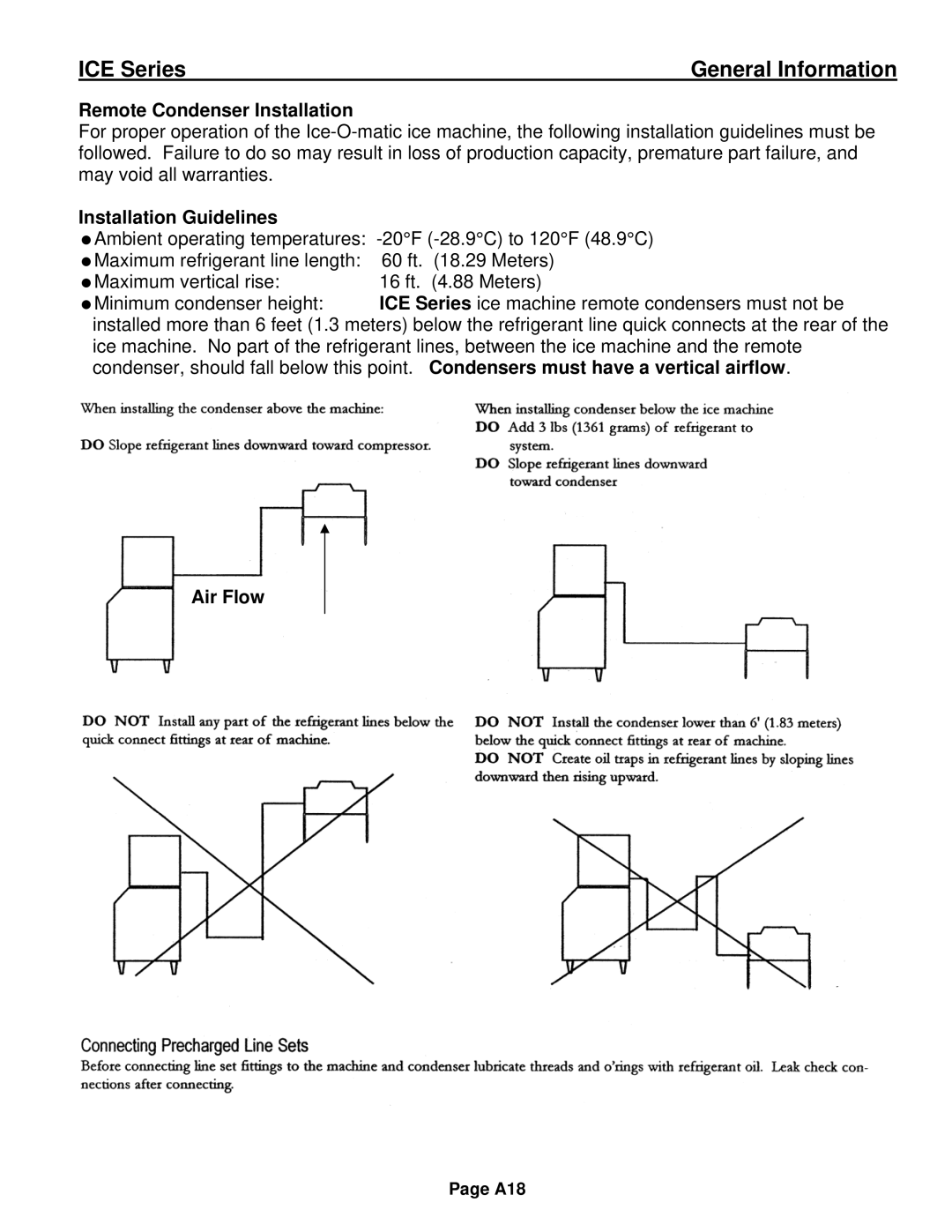 Ice-O-Matic ICE0250 Series installation manual Remote Condenser Installation, Installation Guidelines, Air Flow 