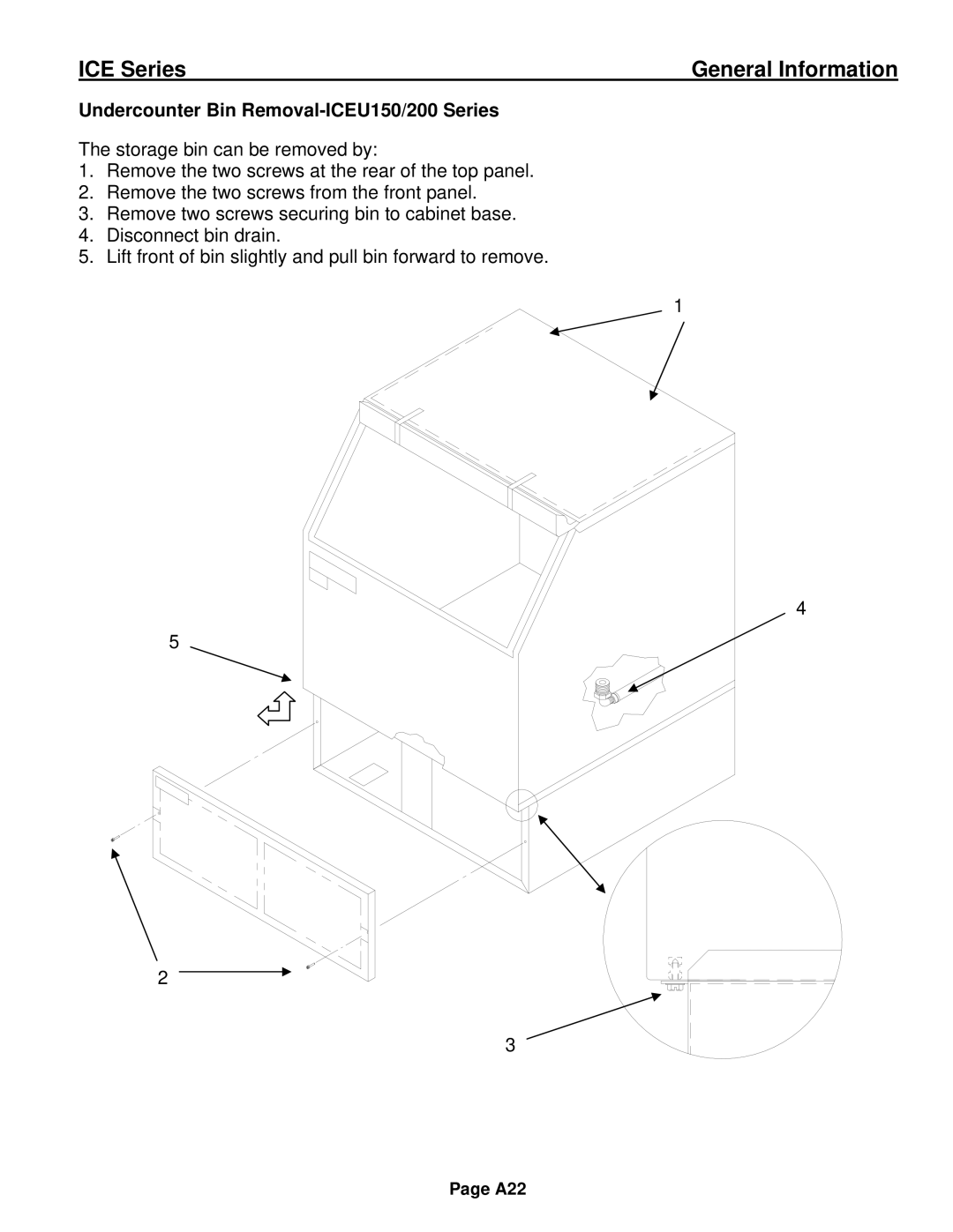 Ice-O-Matic ICE0250 Series installation manual Undercounter Bin Removal-ICEU150/200 Series 