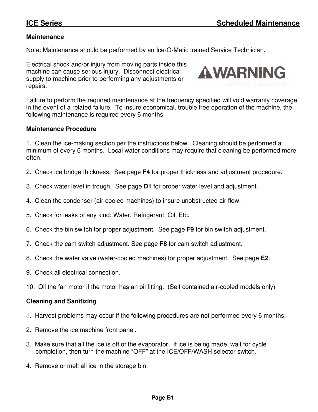 Ice-O-Matic ICE0250 Series installation manual Maintenance Procedure, Cleaning and Sanitizing 